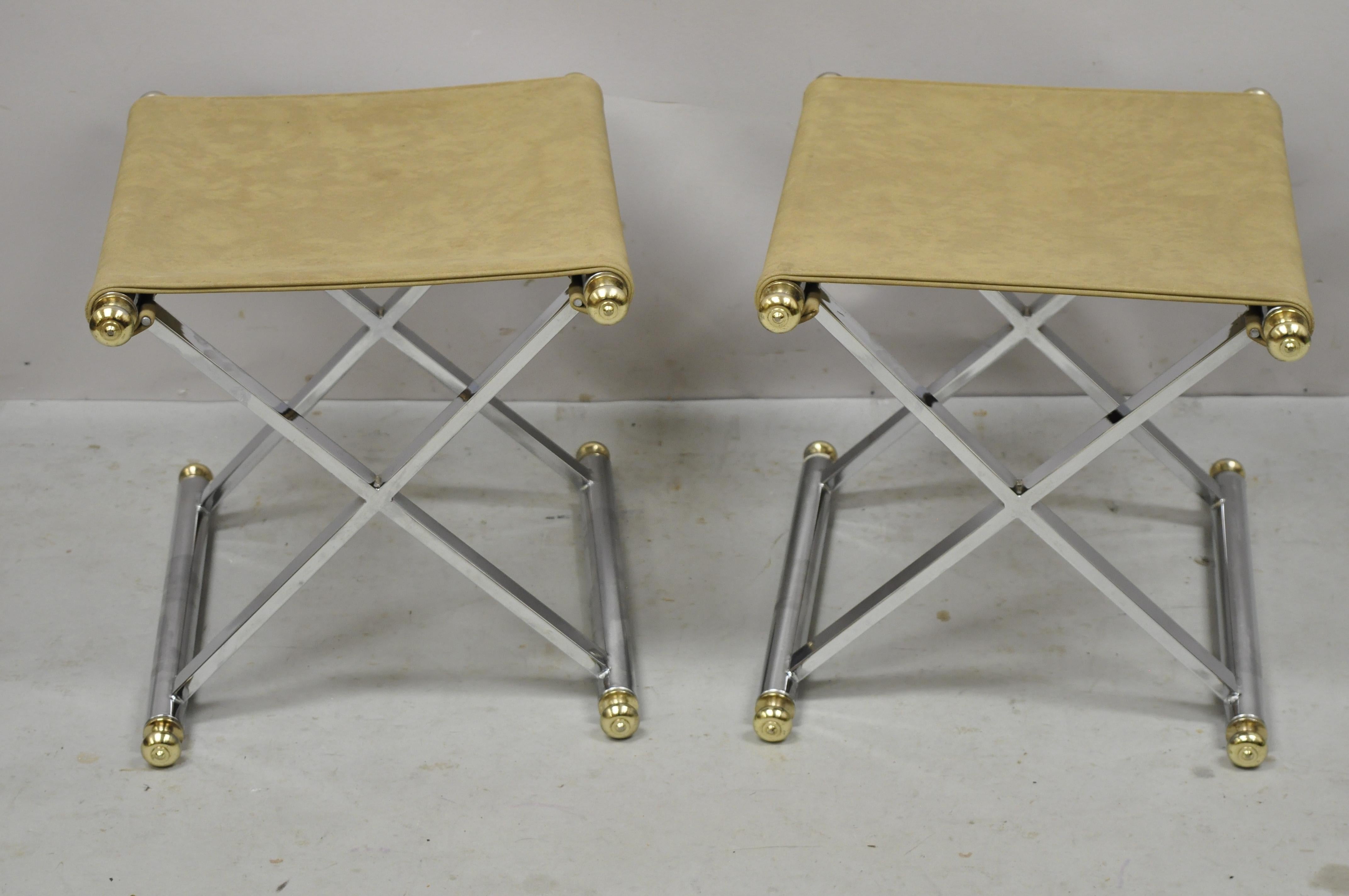 Vintage Hollywood Regency Maison Janson Style Chrome X-Frame Stools, a Pair 3
