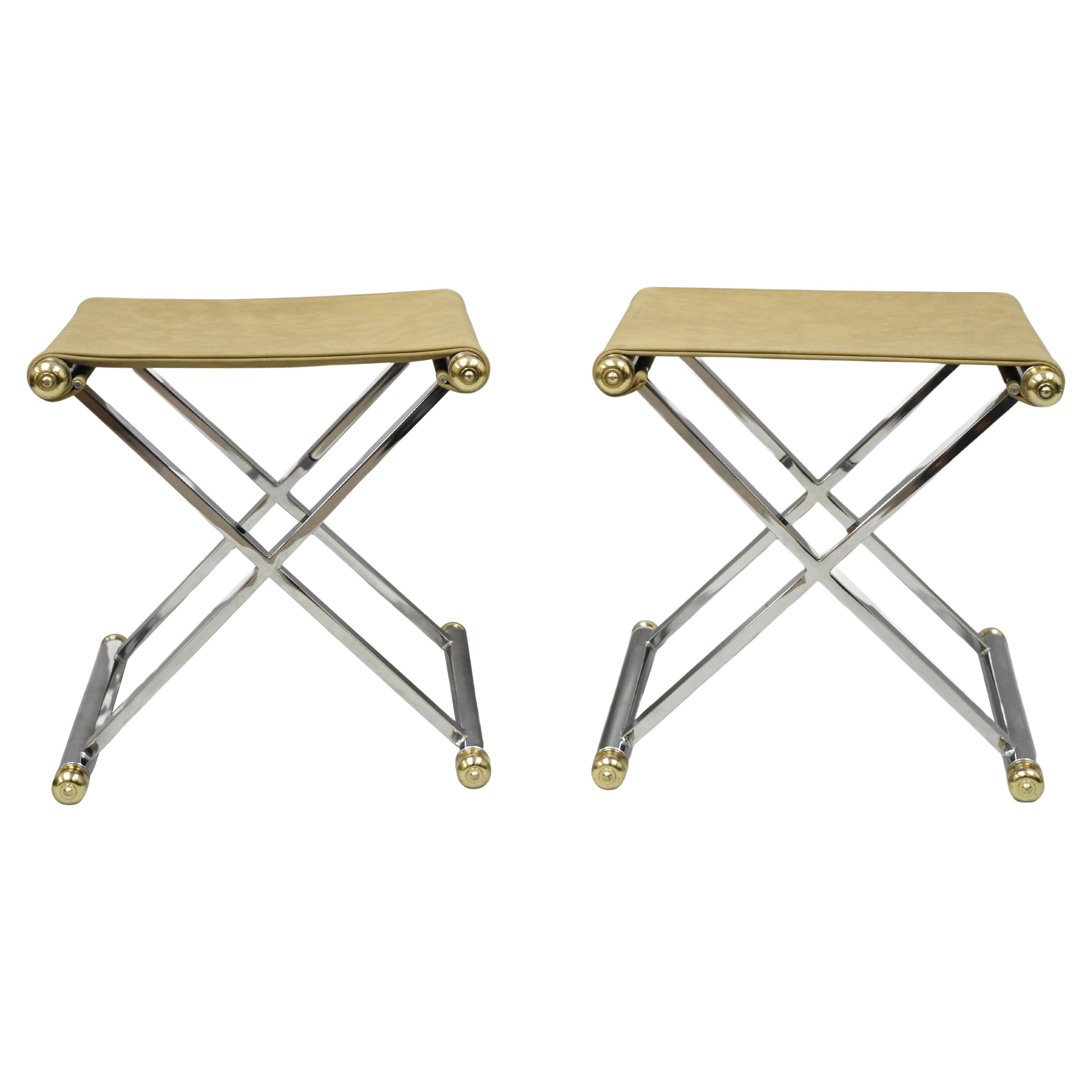 Vintage Hollywood Regency Maison Janson Style Chrome X-Frame Stools, a Pair