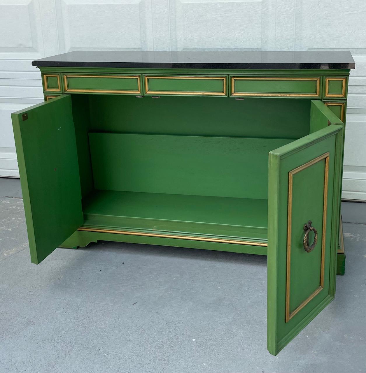 Vintage Hollywood Regency Marble Top Emerald Green Credenza with Gold Accents In Good Condition In Vero Beach, FL