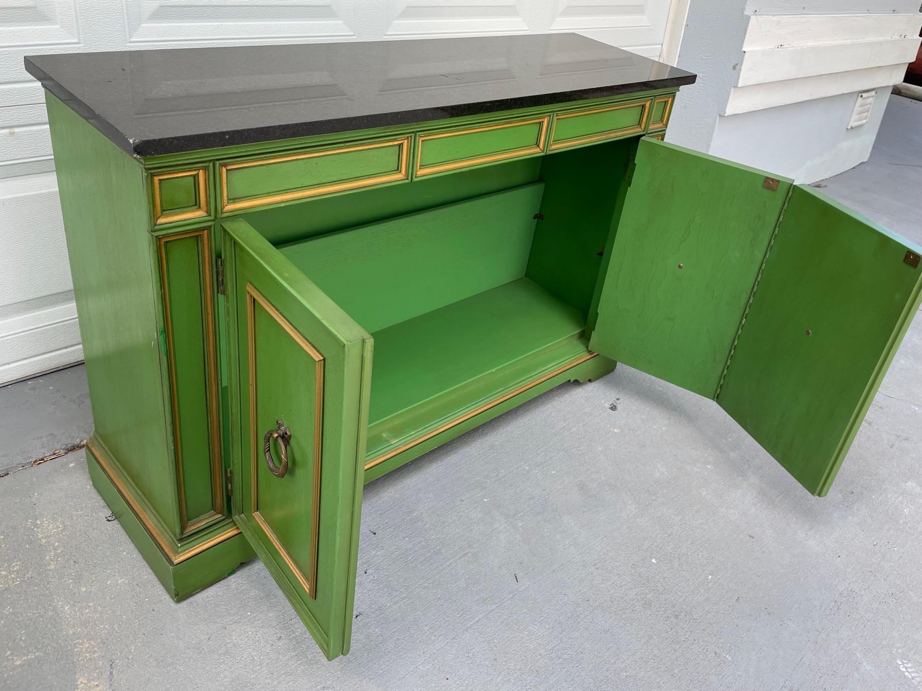 Late 20th Century Vintage Hollywood Regency Marble Top Emerald Green Credenza with Gold Accents