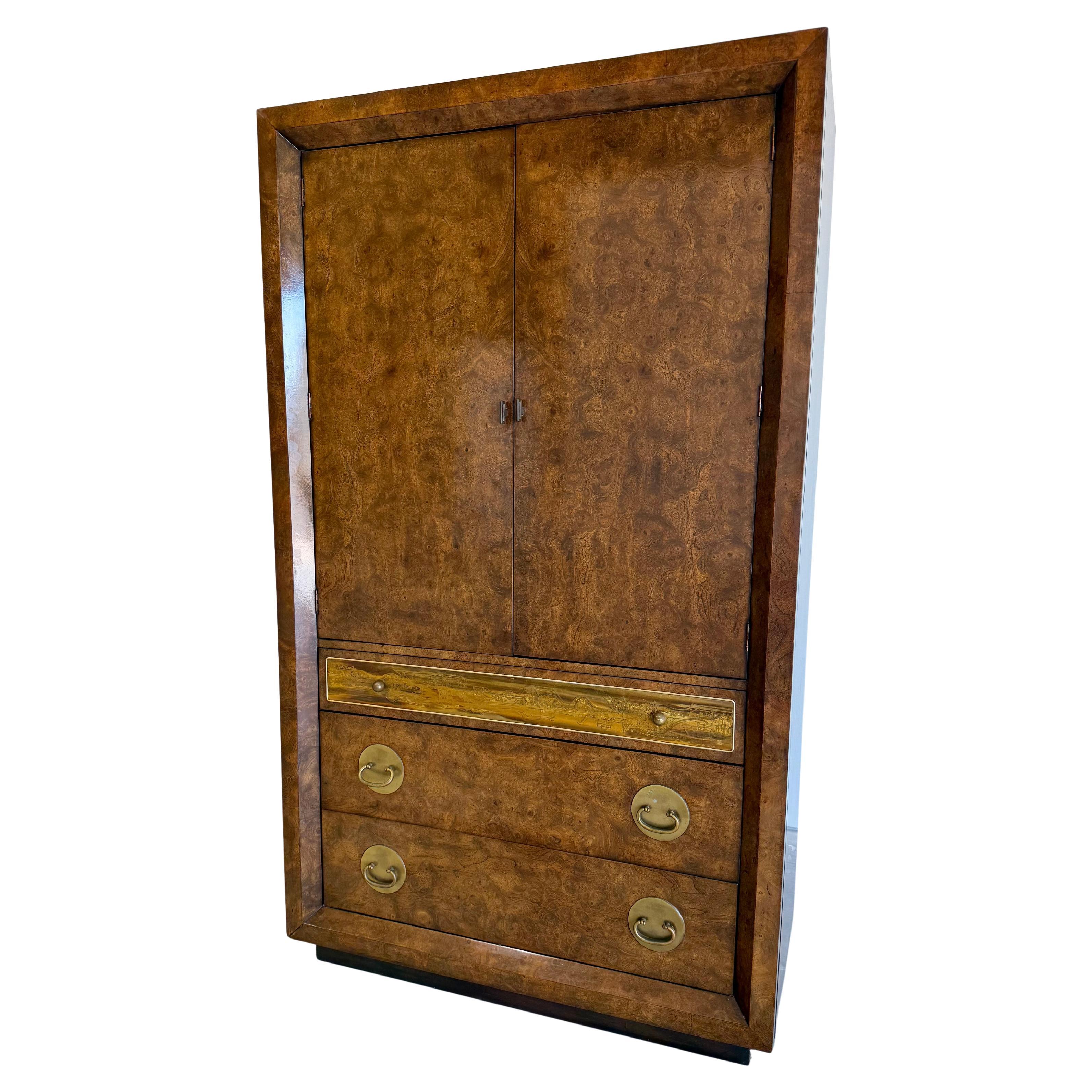 Vintage Hollywood Regency Mastercraft Burlwood Cabinet with Etched Brass