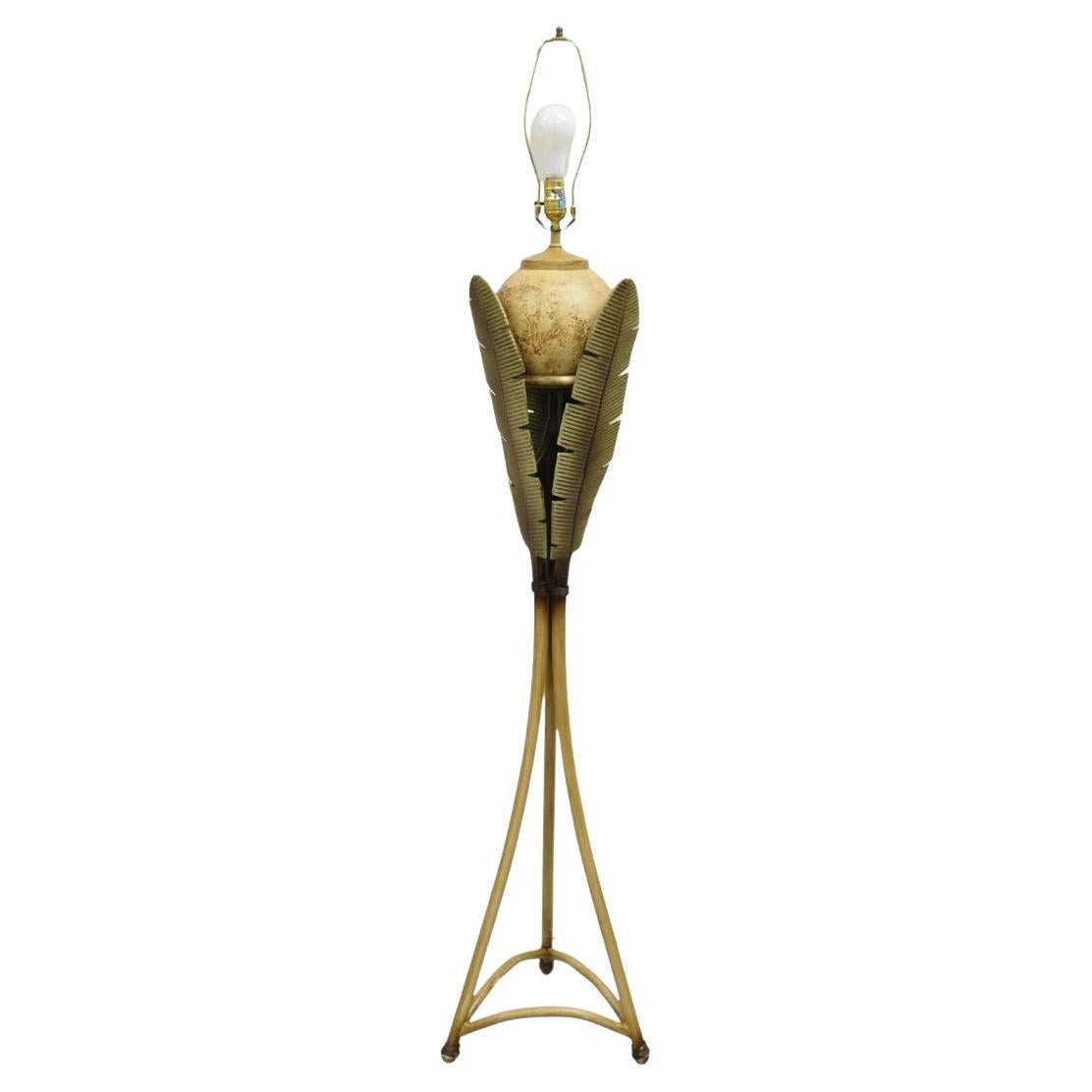Vintage Hollywood Regency Metal Bamboo Palm Leaf Tropical Floor Lamp