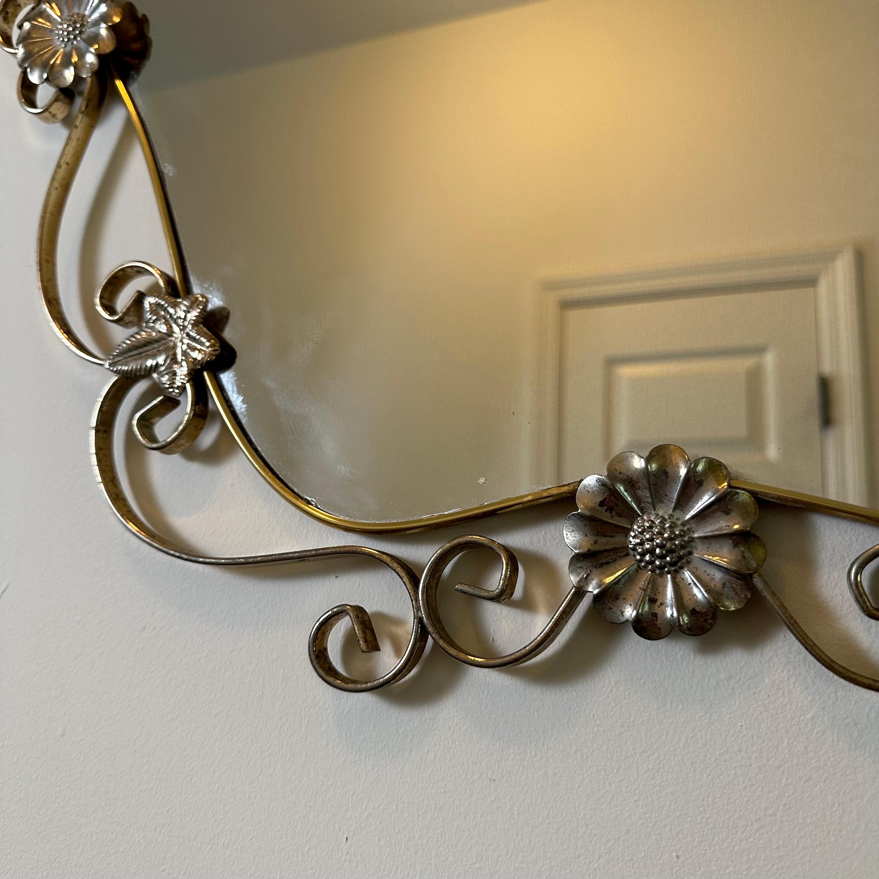 Vintage Hollywood Regency Mirror in Brass and Steel with Flower and Scroll Frame 5