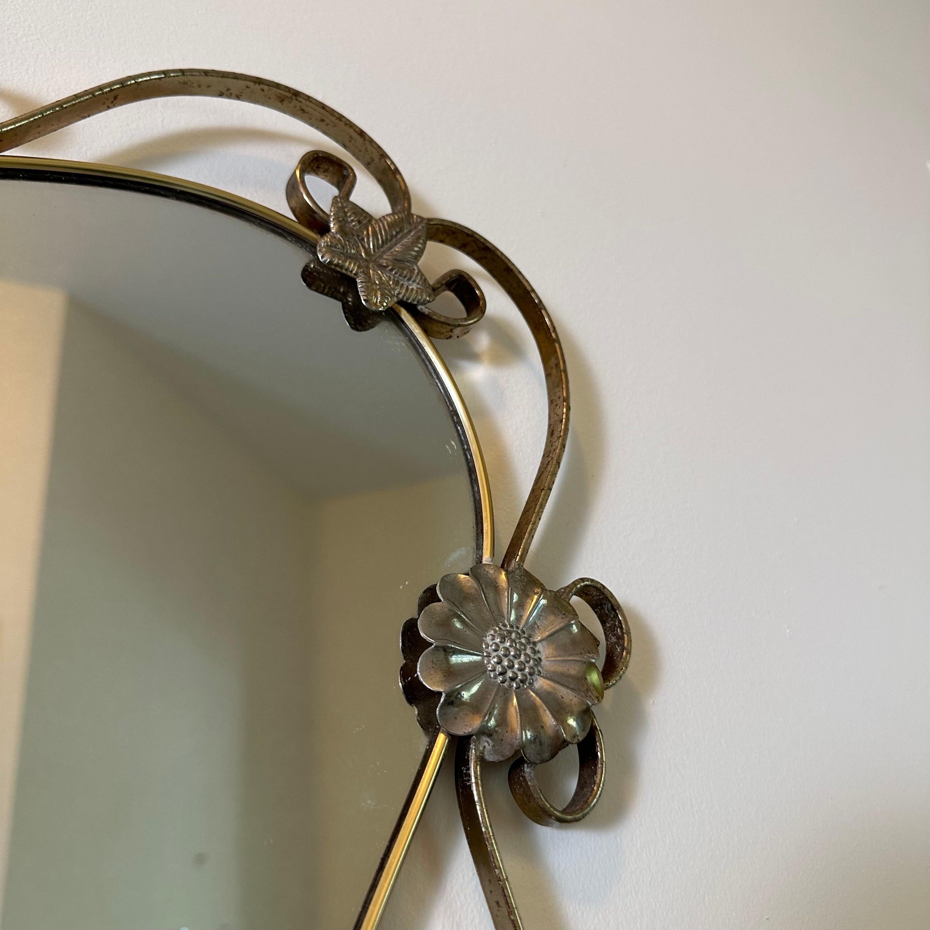 Vintage Hollywood Regency Mirror in Brass and Steel with Flower and Scroll Frame 6