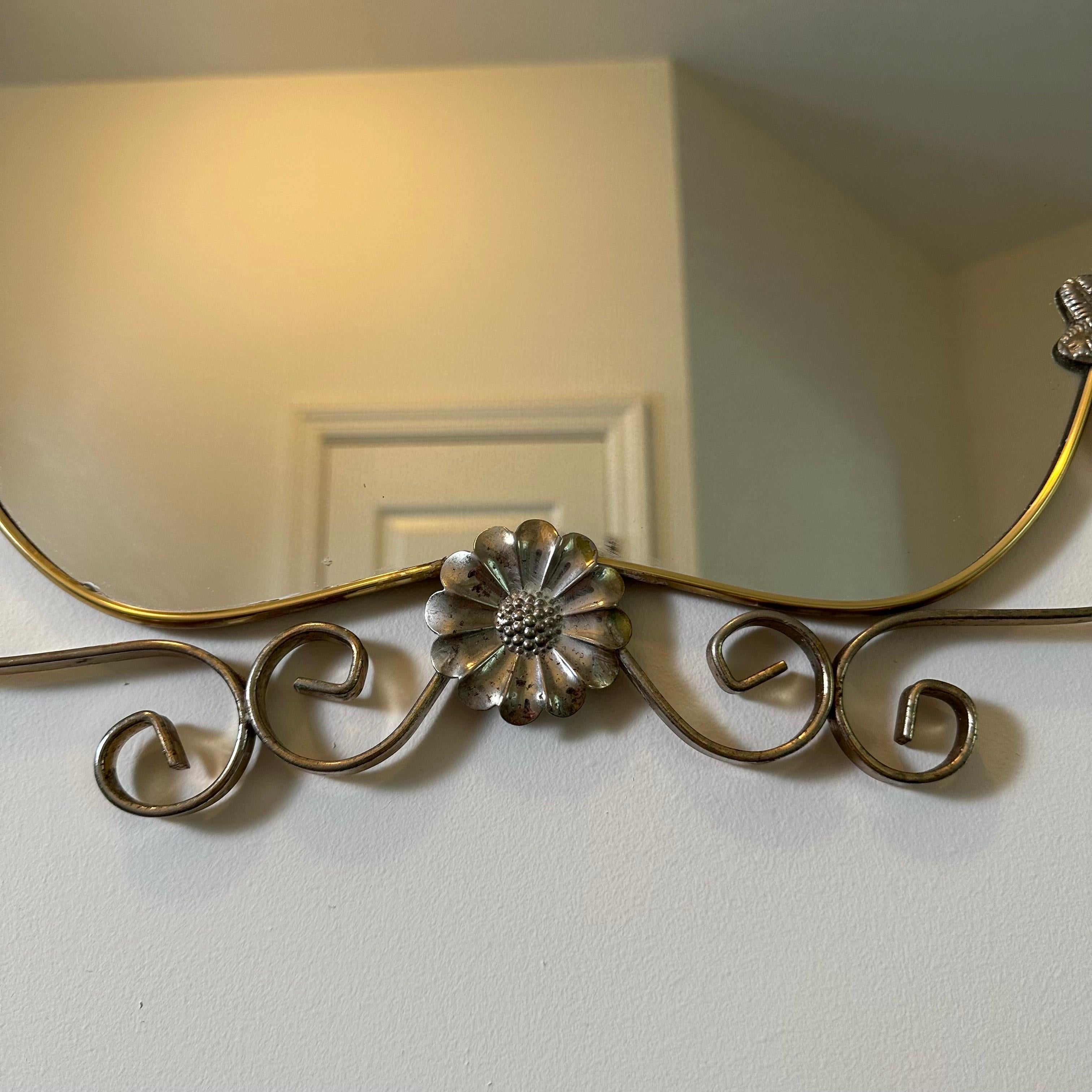 Vintage Hollywood Regency Mirror in Brass and Steel with Flower and Scroll Frame 7