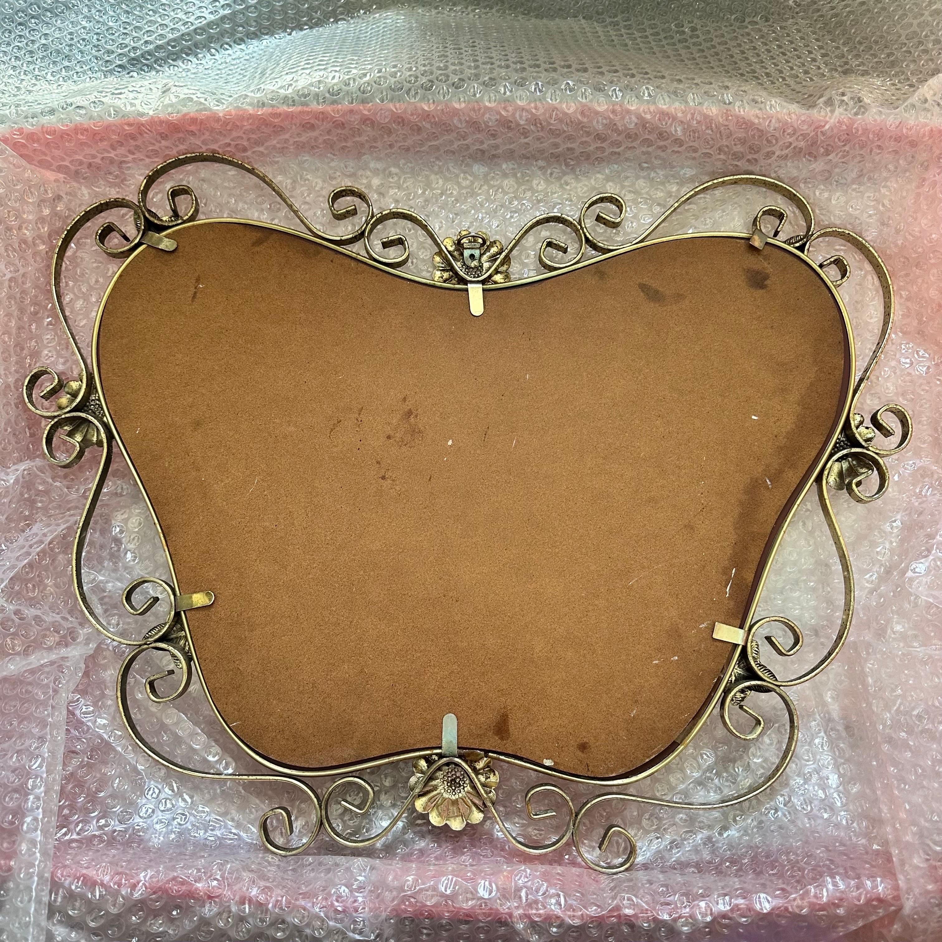 Vintage Hollywood Regency Mirror in Brass and Steel with Flower and Scroll Frame 12