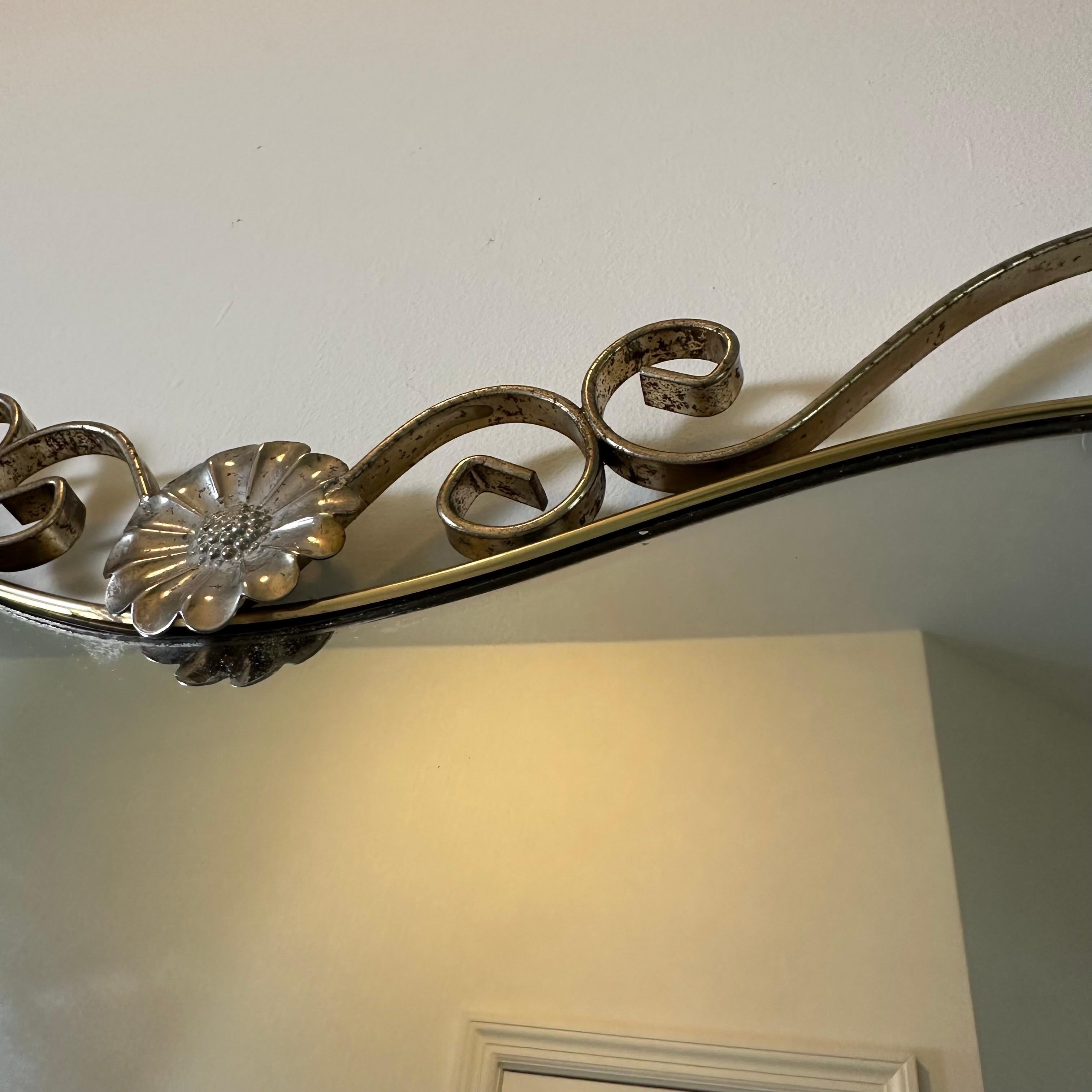 Italian Vintage Hollywood Regency Mirror in Brass and Steel with Flower and Scroll Frame