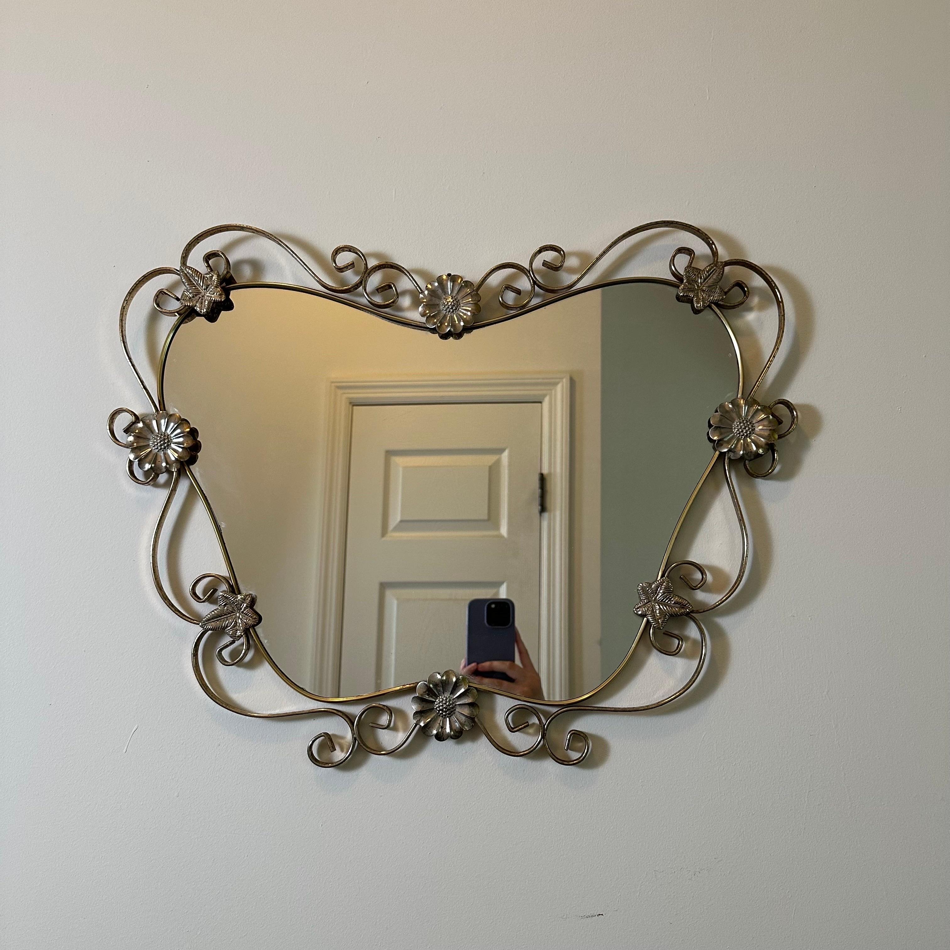 Mid-20th Century Vintage Hollywood Regency Mirror in Brass and Steel with Flower and Scroll Frame