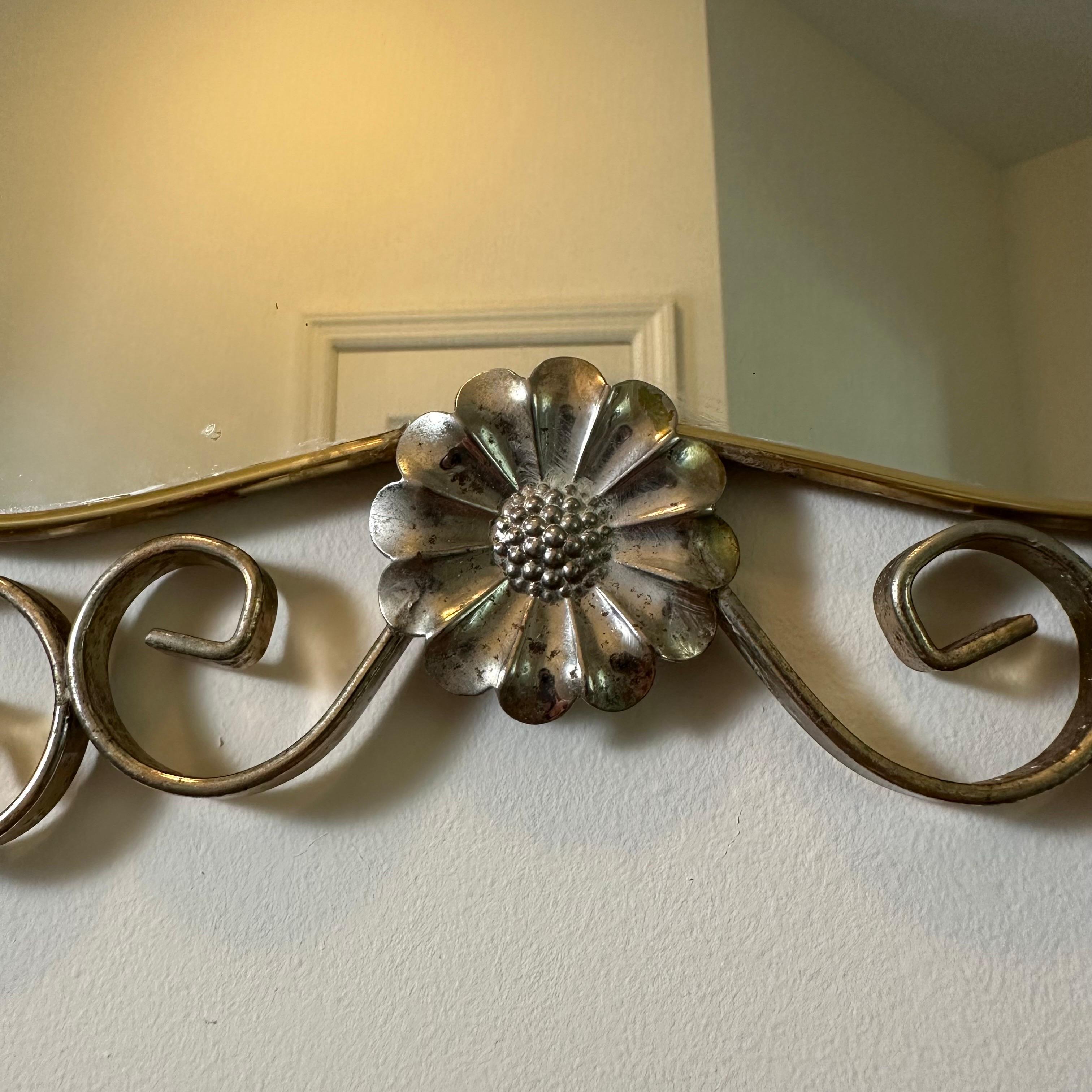Vintage Hollywood Regency Mirror in Brass and Steel with Flower and Scroll Frame 1