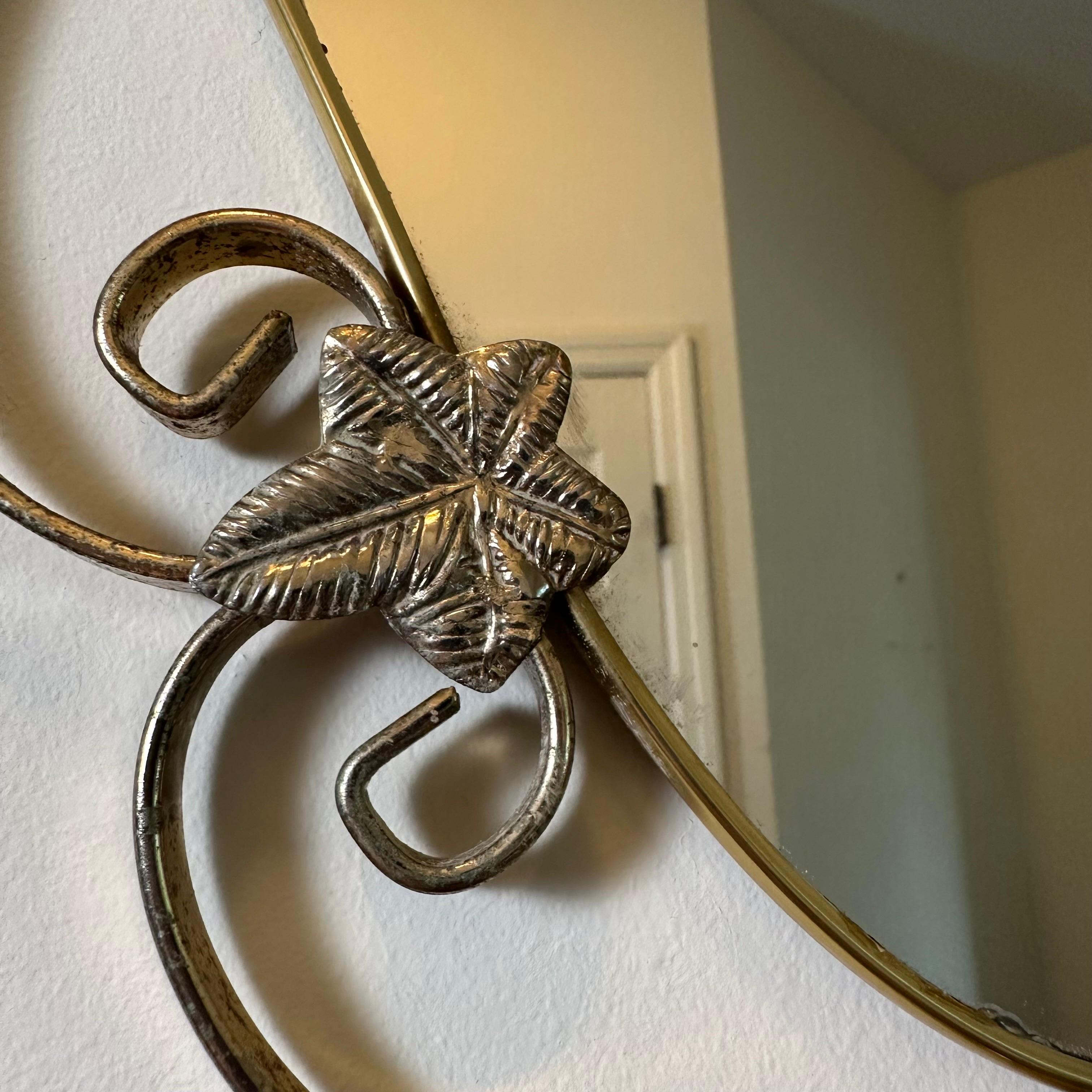 Vintage Hollywood Regency Mirror in Brass and Steel with Flower and Scroll Frame 2