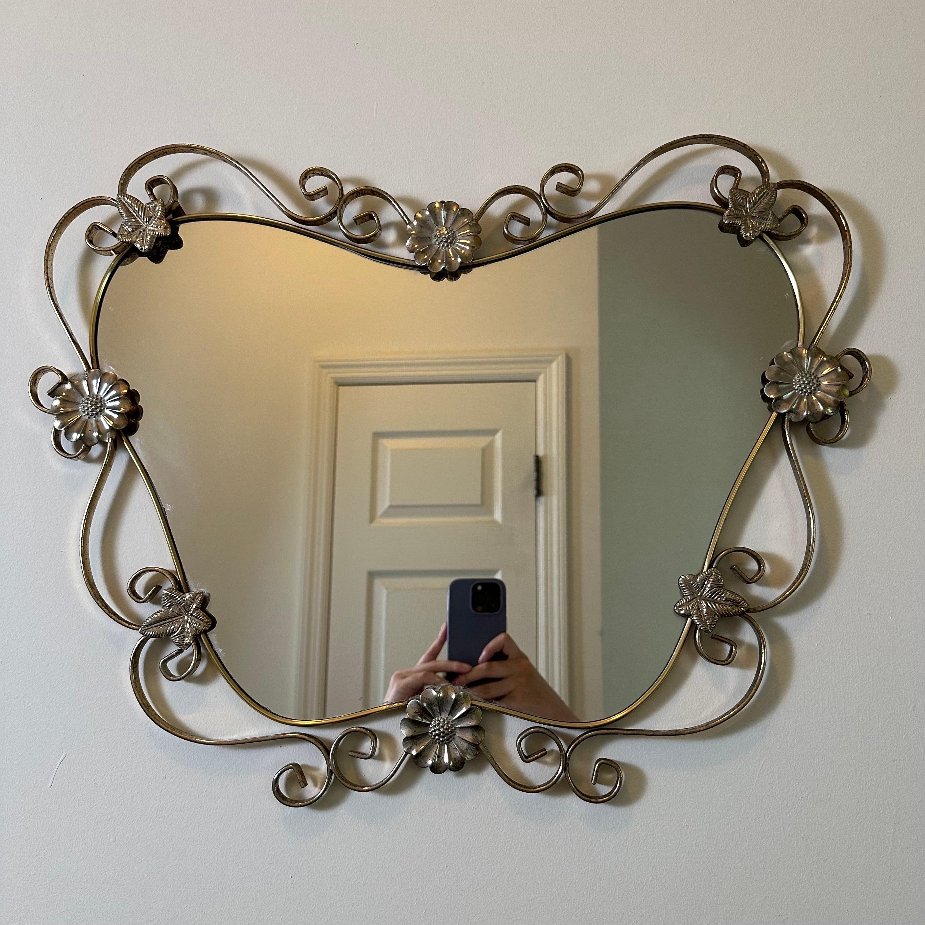 Vintage Hollywood Regency Mirror in Brass and Steel with Flower and Scroll Frame 3