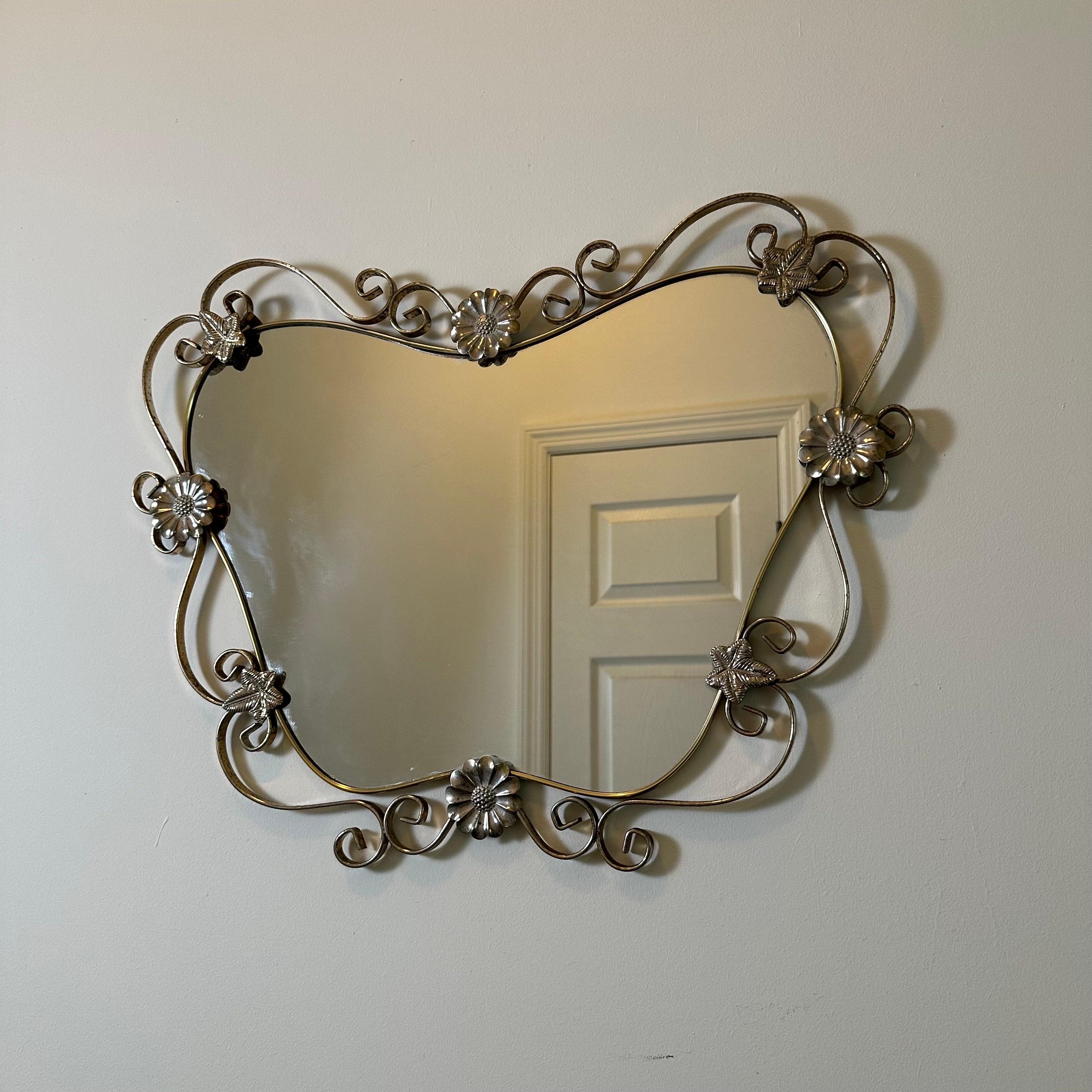 Vintage Hollywood Regency Mirror in Brass and Steel with Flower and Scroll Frame 4