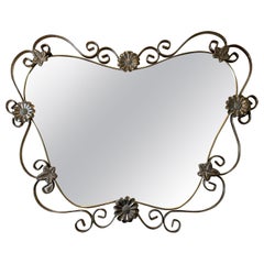 Vintage Hollywood Regency Mirror in Brass and Steel with Flower and Scroll Frame