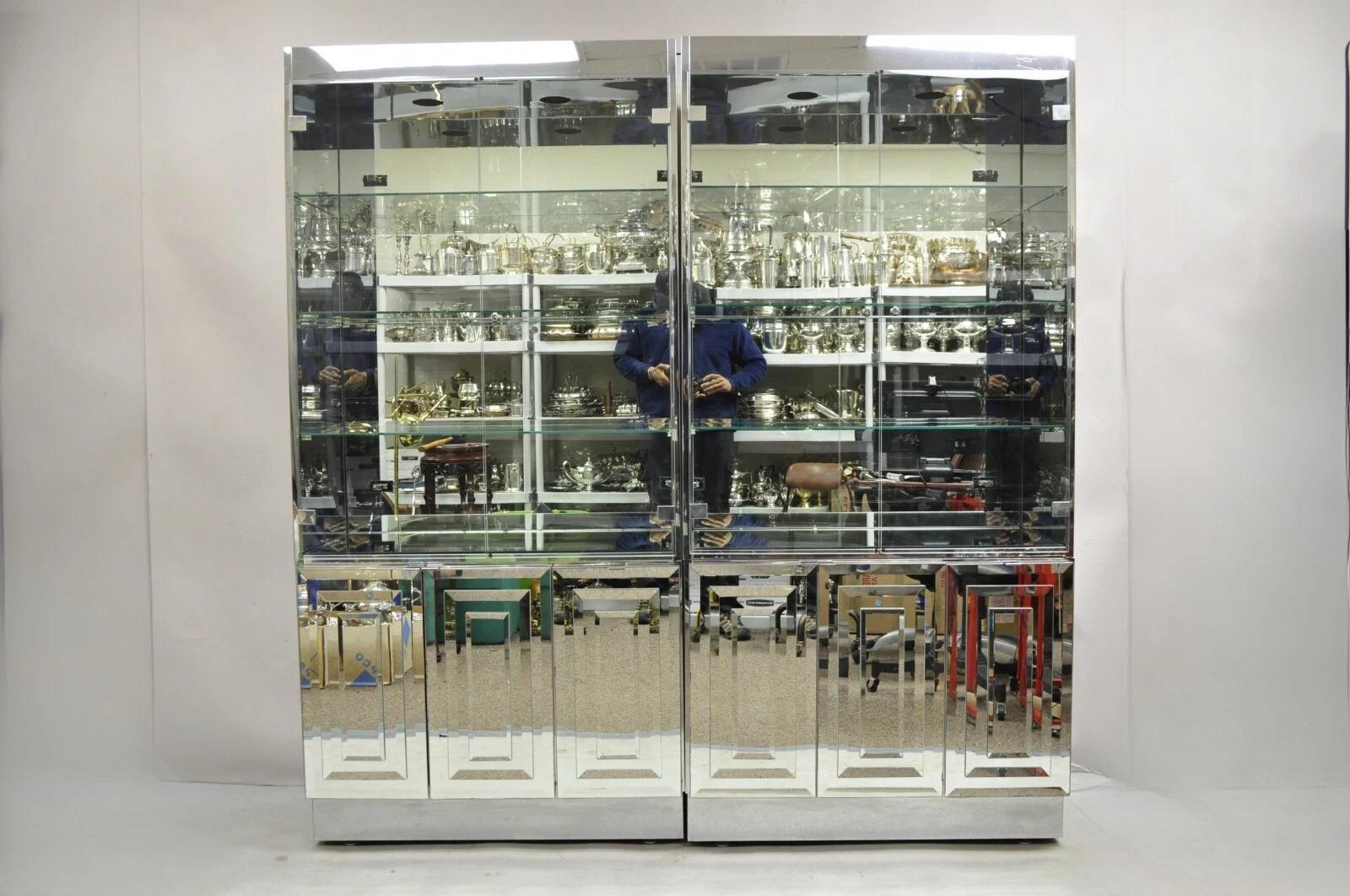 Vintage Hollywood Regency Mirrored Credenza Display Cabinets by Ello - a Pair For Sale 13