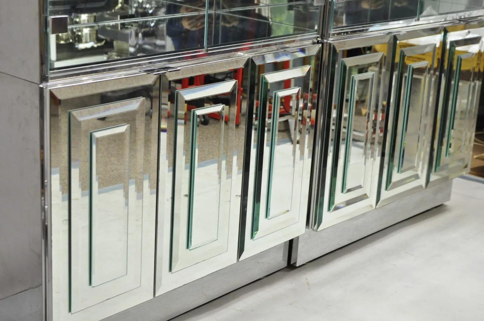 Vintage Hollywood Regency Mirrored Credenza Display Cabinets by Ello - a Pair In Good Condition For Sale In Philadelphia, PA