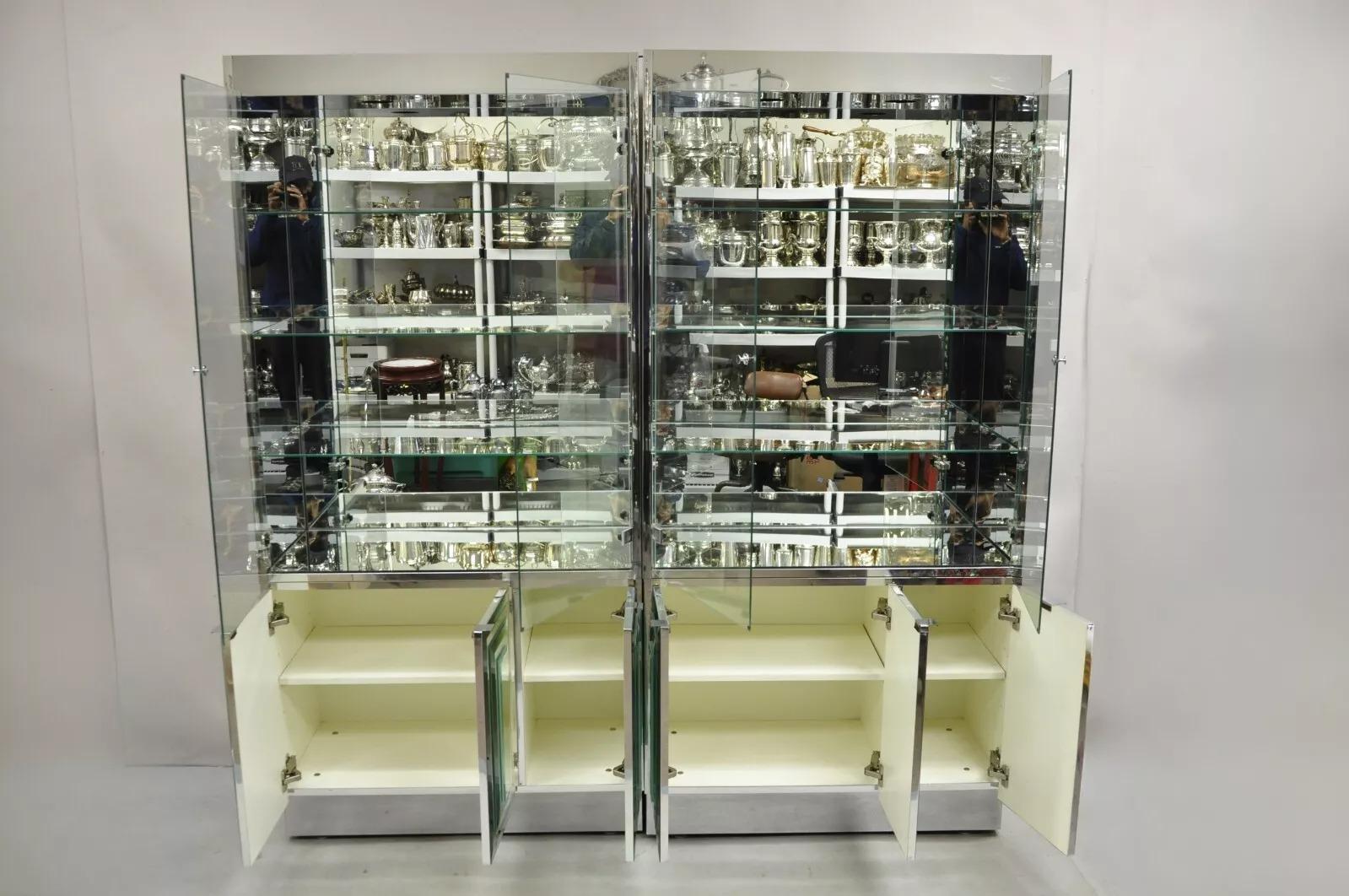 20th Century Vintage Hollywood Regency Mirrored Credenza Display Cabinets by Ello - a Pair For Sale