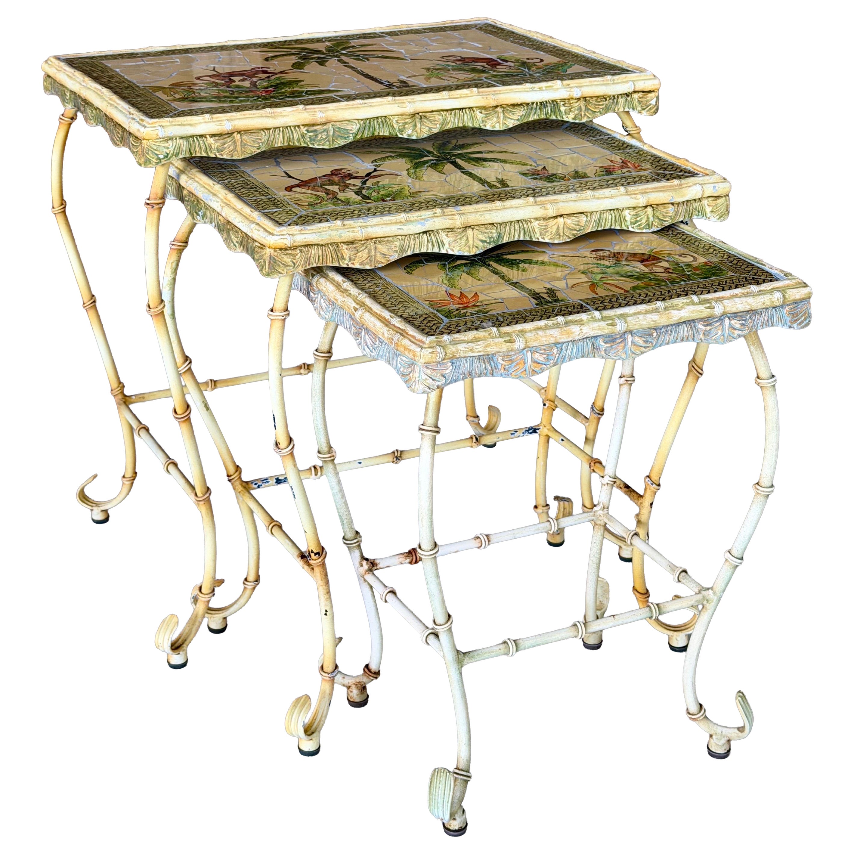 Vintage Hollywood Regency Monkey Mosaic Stacking Nesting Tables – Set of Three For Sale