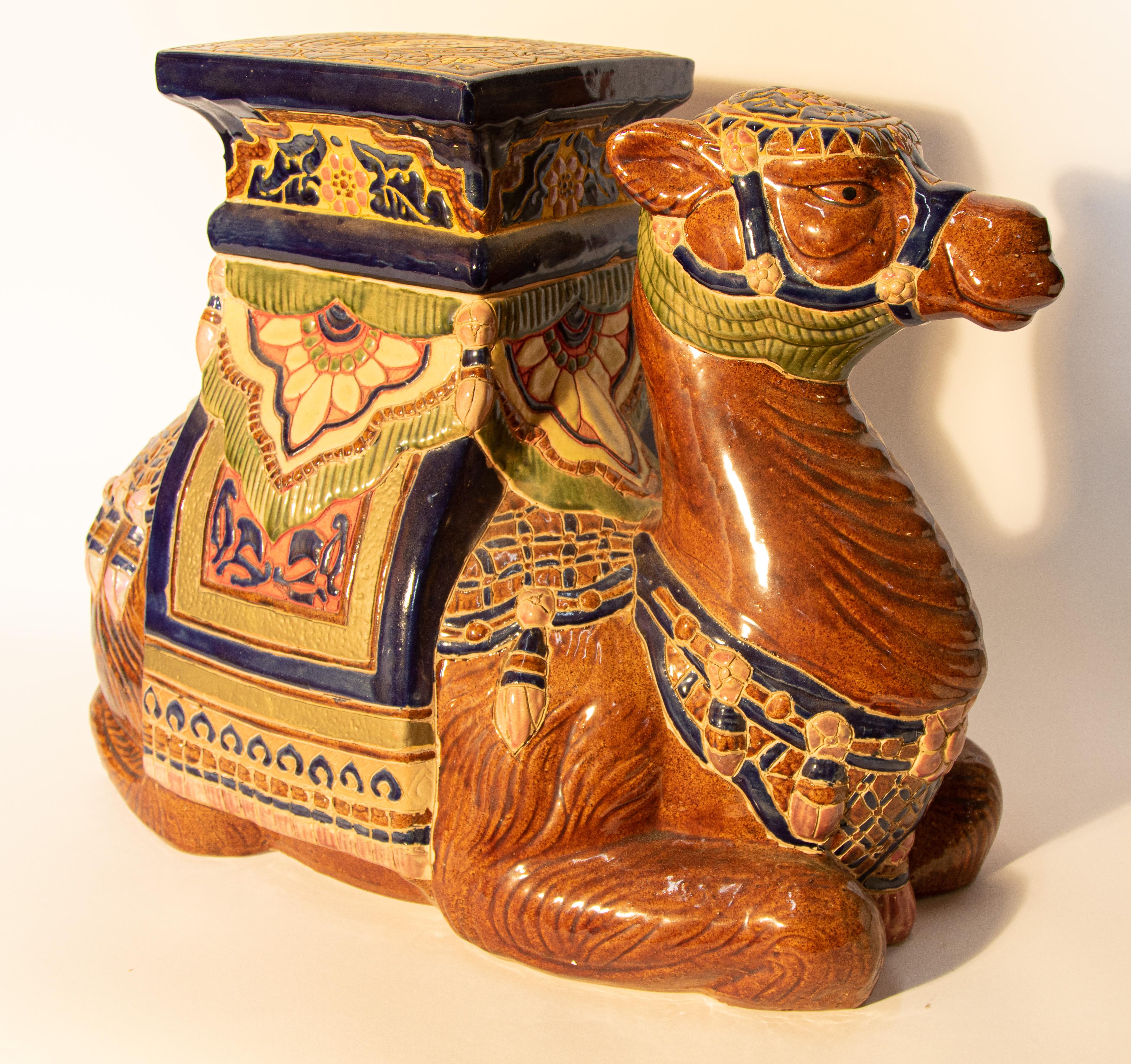 Vintage Hollywood Regency Moorish Majolica Camel Garden Seat 7