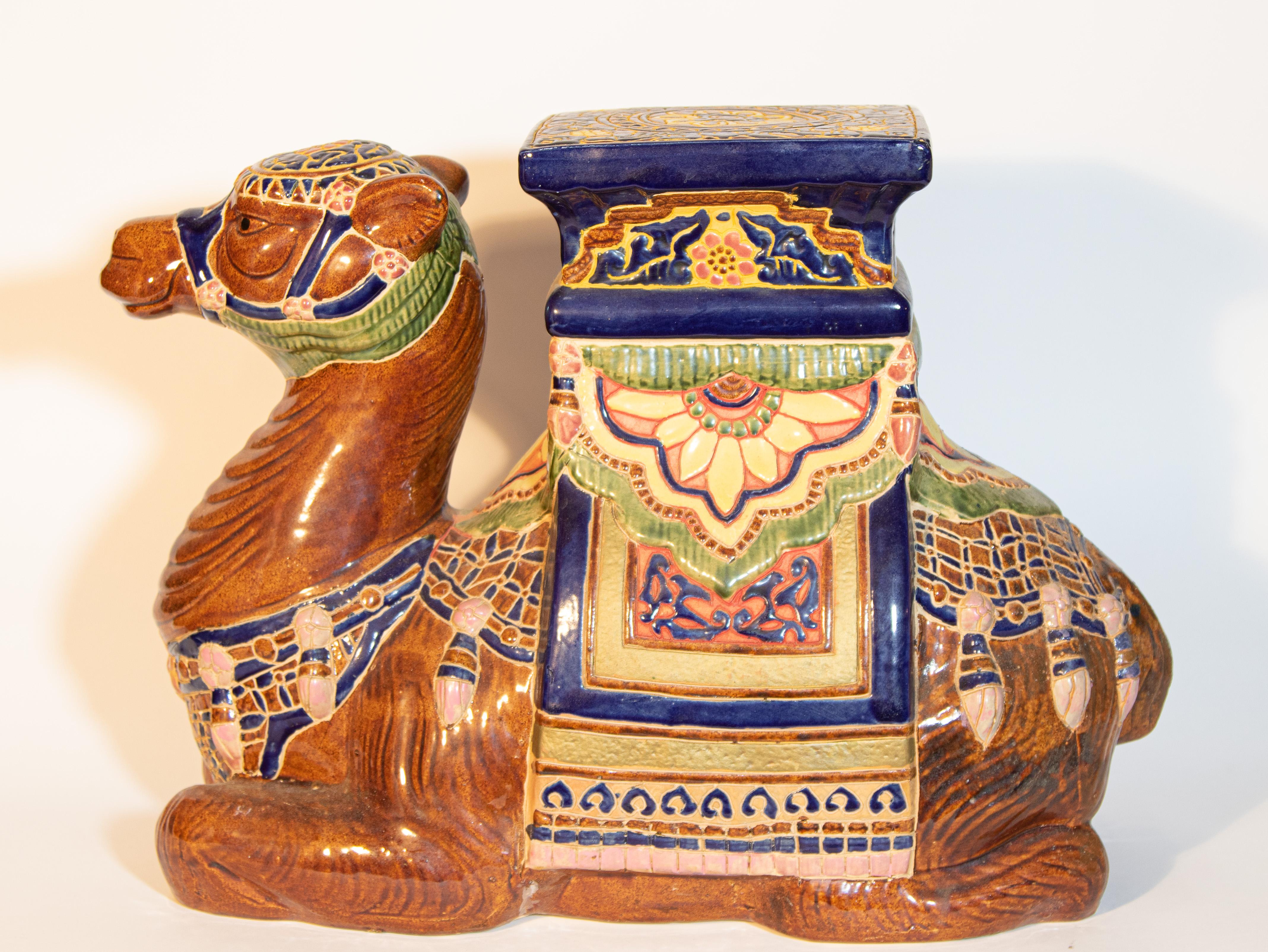 Vintage Hollywood Regency Moorish Majolica Camel Garden Seat For Sale 10