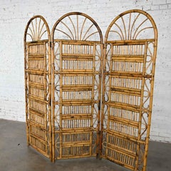 Vintage Hollywood Regency Organic Modern Rattan 3 Panel Folding Screen Arch Top