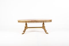 Vintage Hollywood Regency Oval Onyx Coffee Table with Gilt Brass Base, France, 1