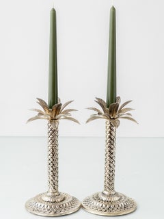 Vintage Hollywood Regency Palm Tree Candlesticks in Silvered Metal