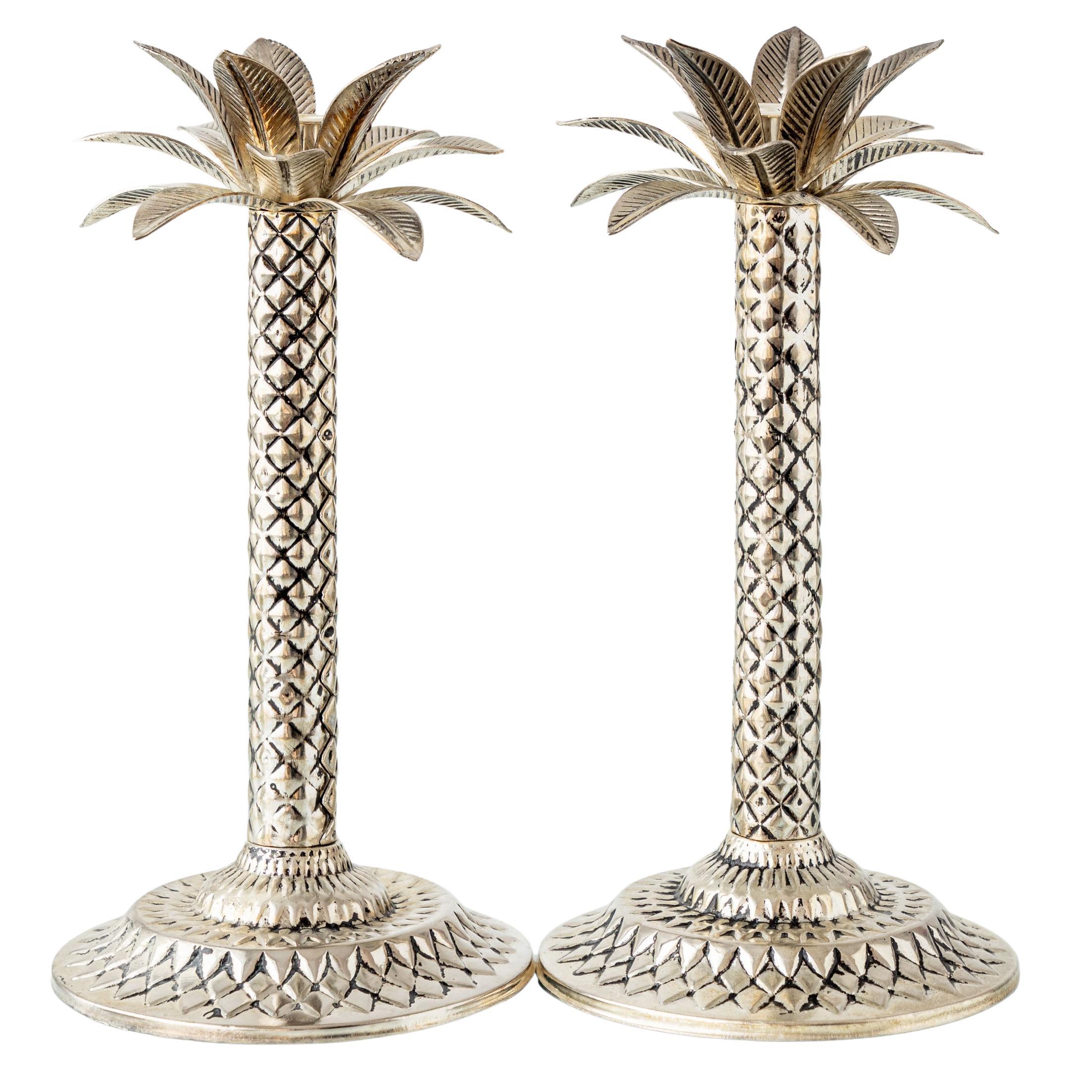 Vintage Hollywood Regency Palm Tree Candlesticks in Silvered Metal