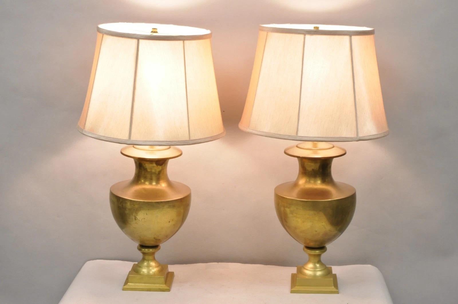 Vintage Hollywood Regency Patinated Brass Jardiniere Urn Table Lamps with Shades, Made in India - a Pair. Circa Late 20th Century. Measurements: 29