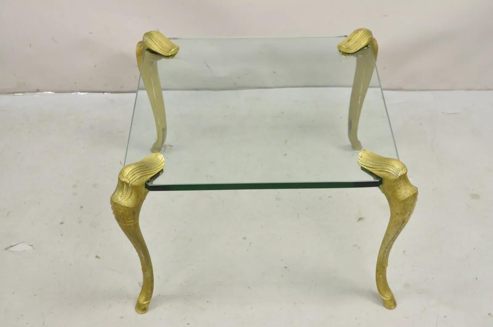 Vintage Hollywood Regency P.E. Guerin Style Gilt Bronze Brass & Thick Glass Side Table with Shapely Etched Cabriole Legs. Circa Mid 20th Century. Measurements: 17