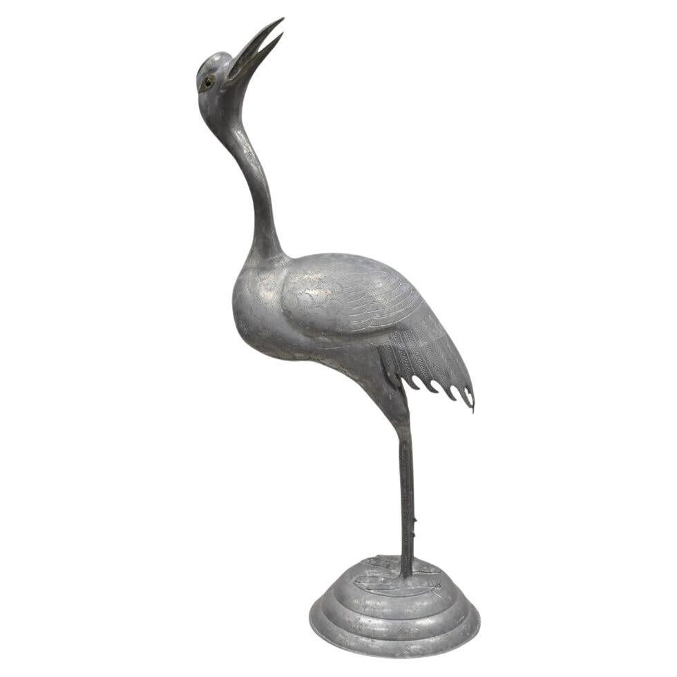 Vintage Hollywood Regency Pewter Metal 27" Crane Bird Statue Hong Kong For Sale