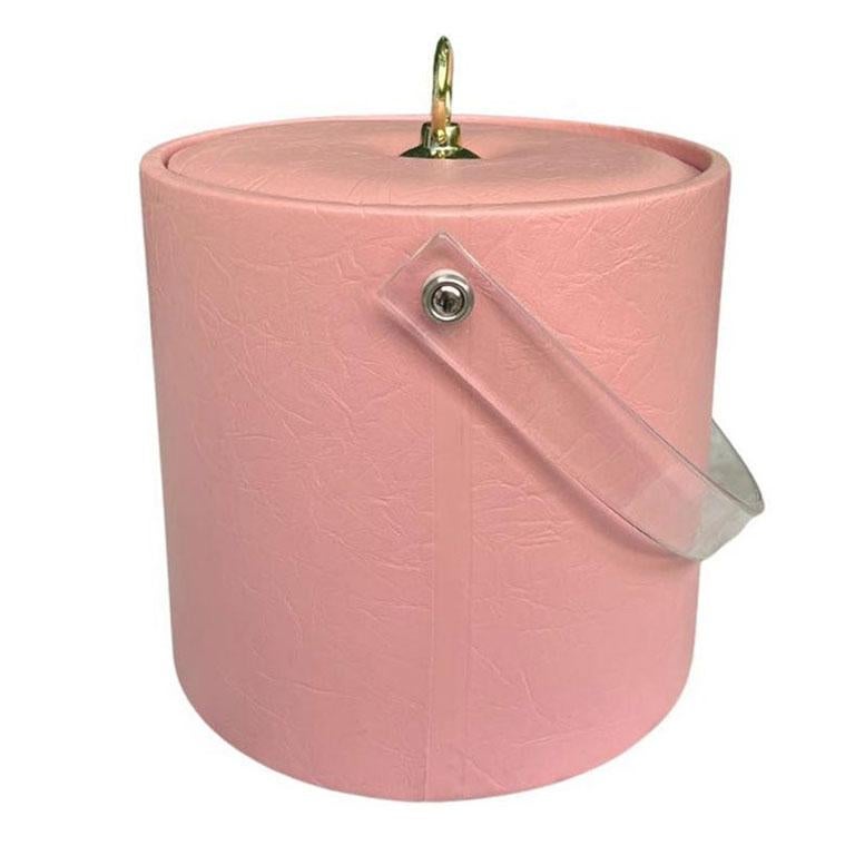 Vintage Hollywood Regency Pink and Lucite Ice Bucket with Lid In Good Condition For Sale In Oklahoma City, OK