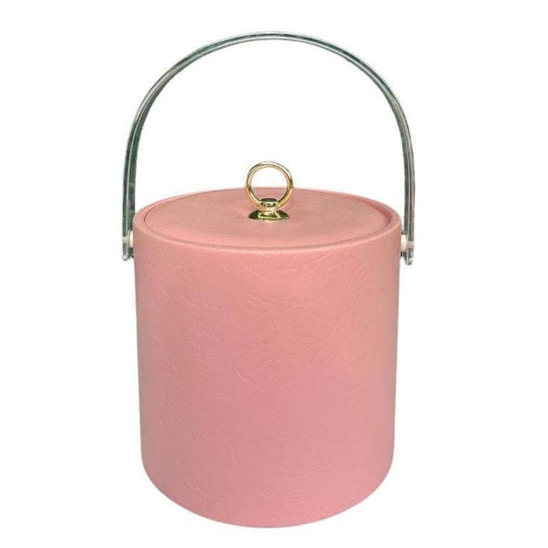 20th Century Vintage Hollywood Regency Pink and Lucite Ice Bucket with Lid For Sale