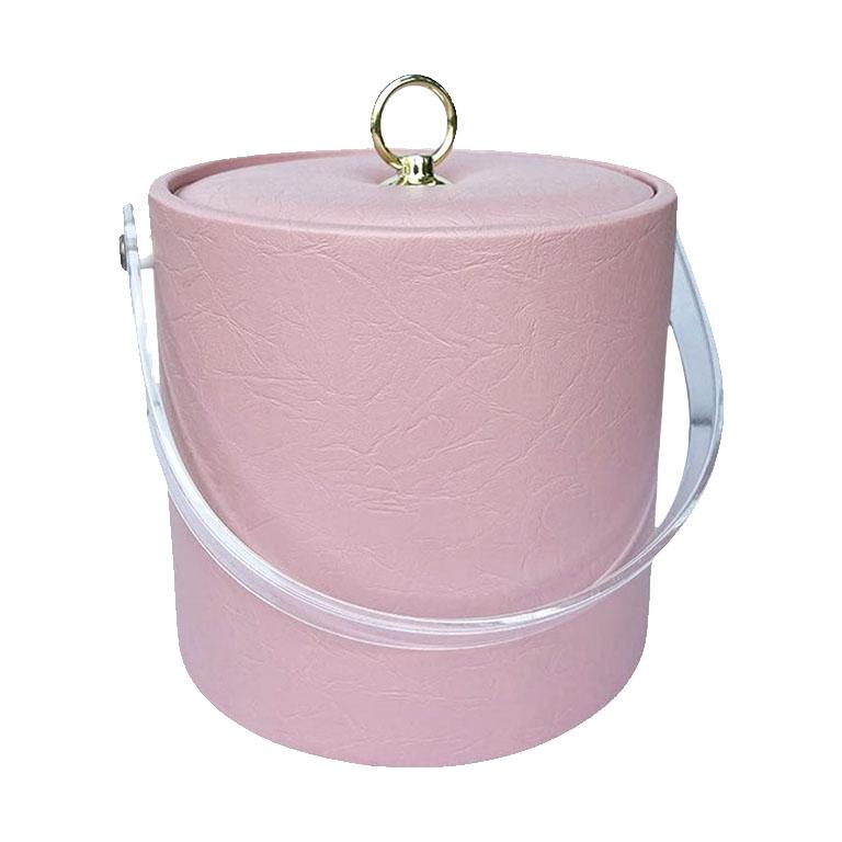 Metal Vintage Hollywood Regency Pink and Lucite Ice Bucket with Lid For Sale