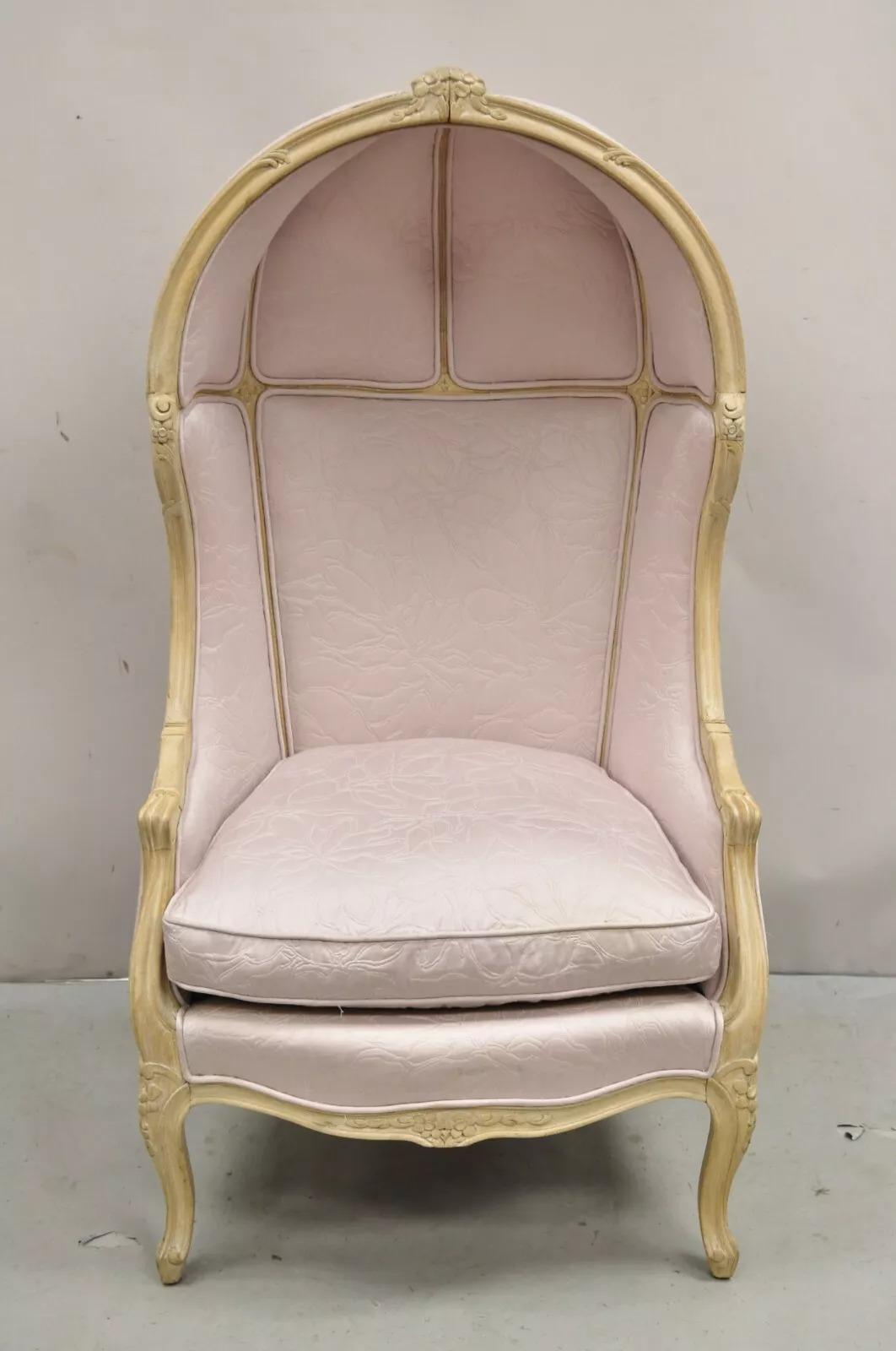 Vintage Hollywood Regency Pink Hooded Dome Porter Canopy Balloon Chair. Circa Mid 20th Century. Measurements: 56