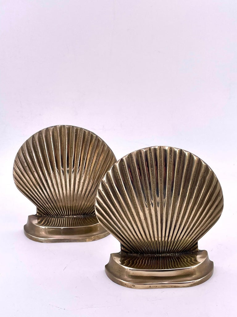 Vintage Hollywood Regency Polished Brass Sea Shell Sculpture Pair