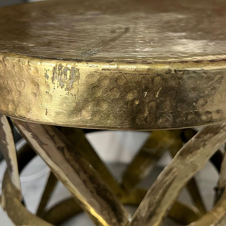 American Vintage Hollywood Regency Round Hammered Brass X Base Stool For Sale