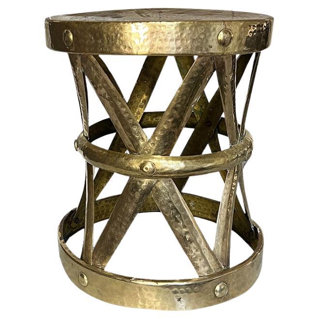 Vintage Hollywood Regency Round Hammered Brass X Base Stool