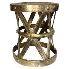 Vintage Hollywood Regency Round Hammered Brass X Base Stool