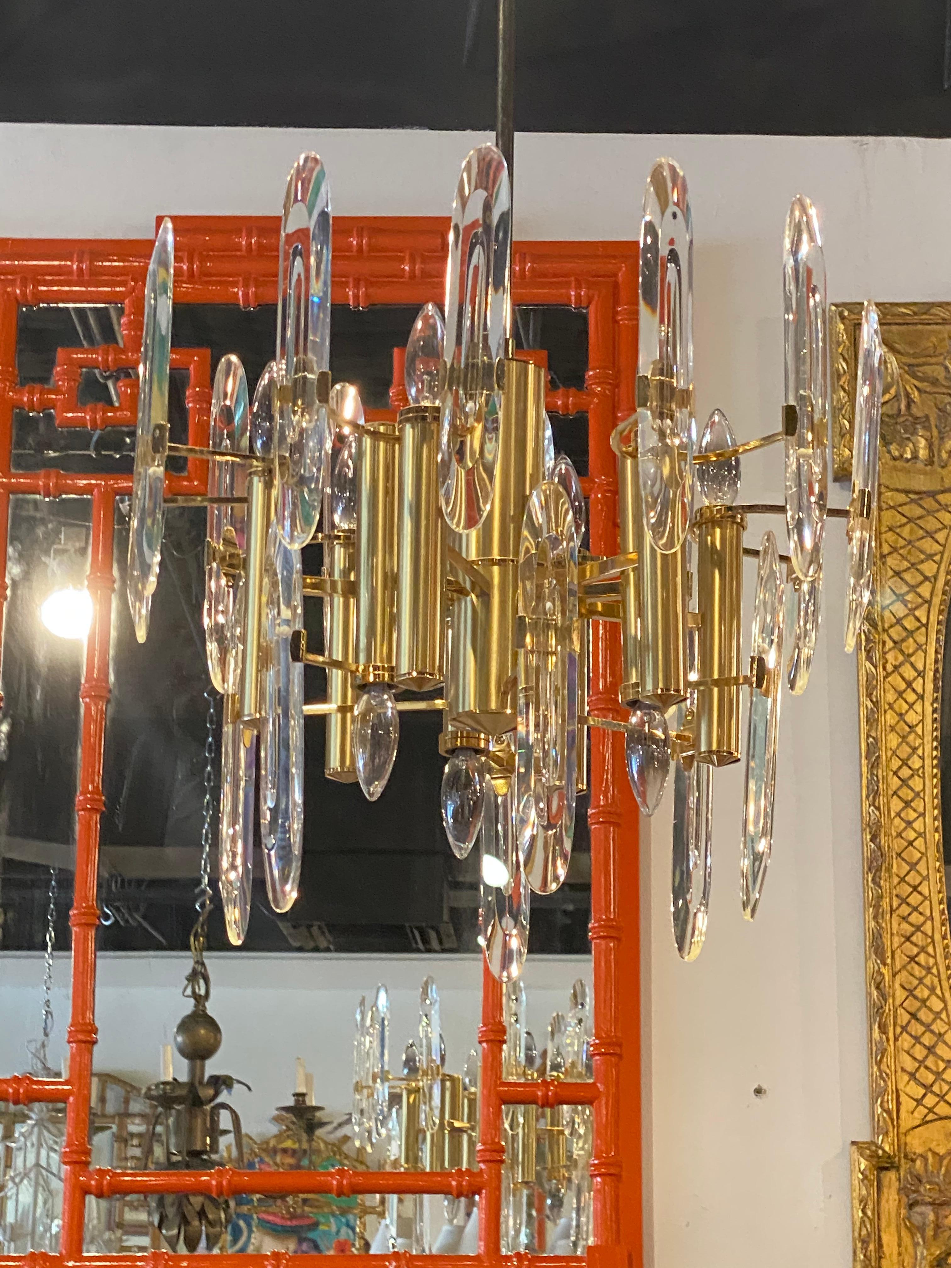 Vintage Hollywood Regency Sciolari Brass and Glass Chandelier Pair Available For Sale 2