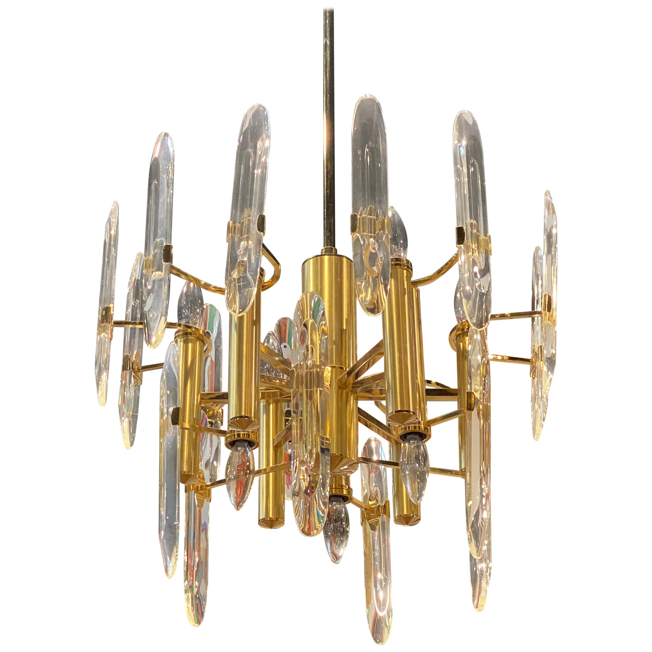 Vintage Hollywood Regency Sciolari Brass and Glass Chandelier Pair Available For Sale