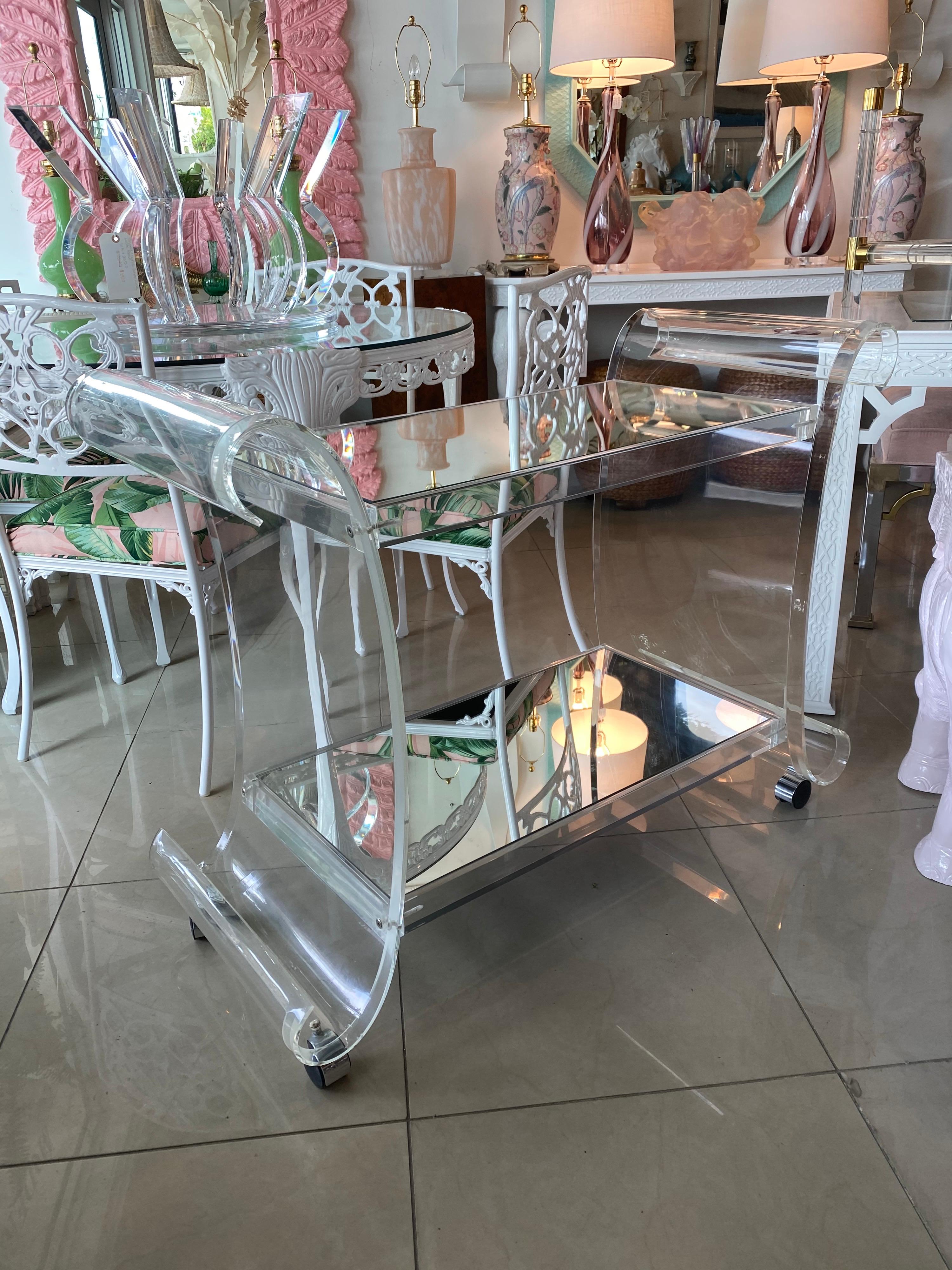Vintage Hollywood Regency Scroll Ming Lucite Bar Cart Two Shelves 4