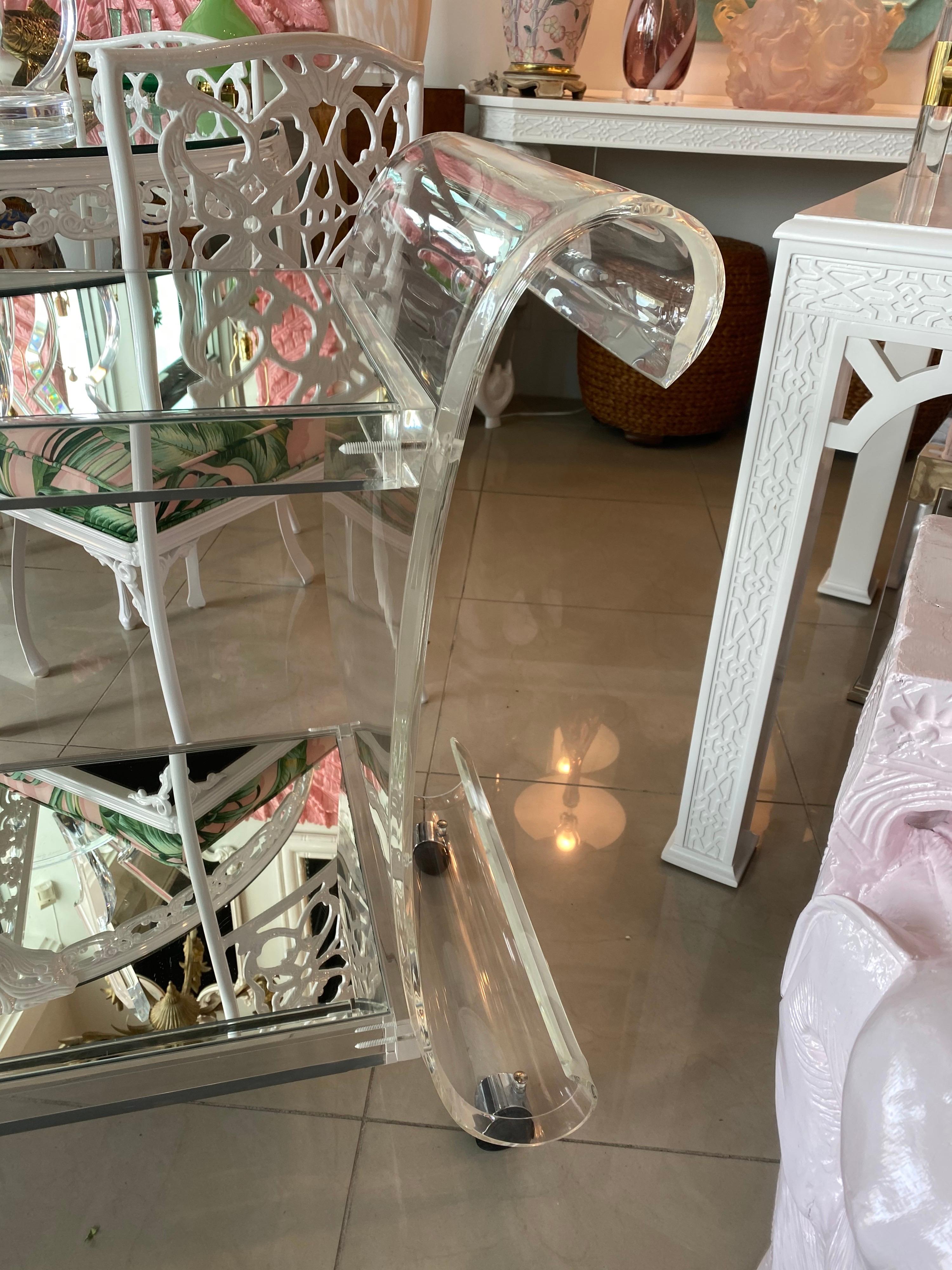 Vintage Hollywood Regency Scroll Ming Lucite Bar Cart Two Shelves 5