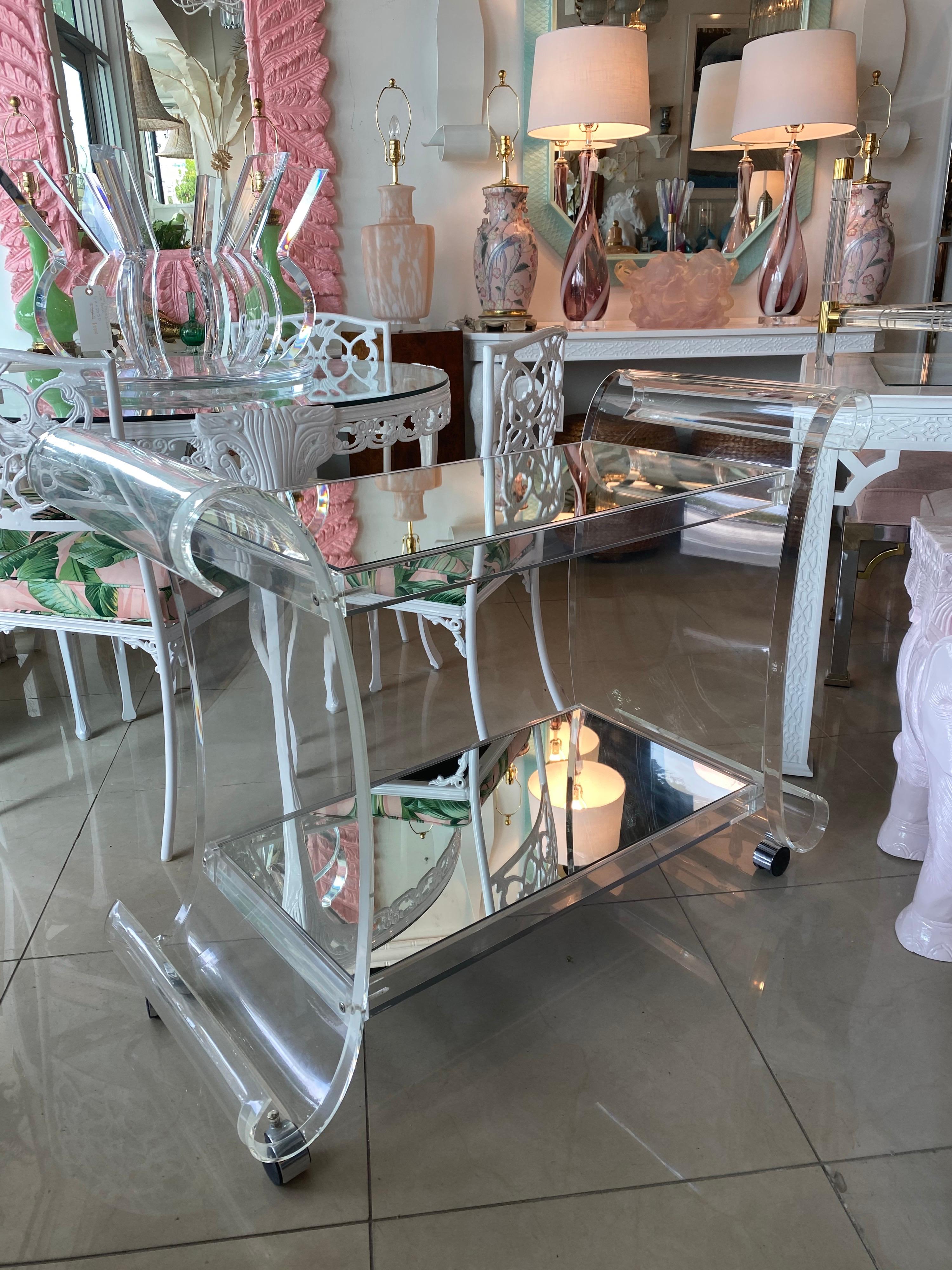 Vintage Hollywood Regency Scroll Ming Lucite Bar Cart Two Shelves 6