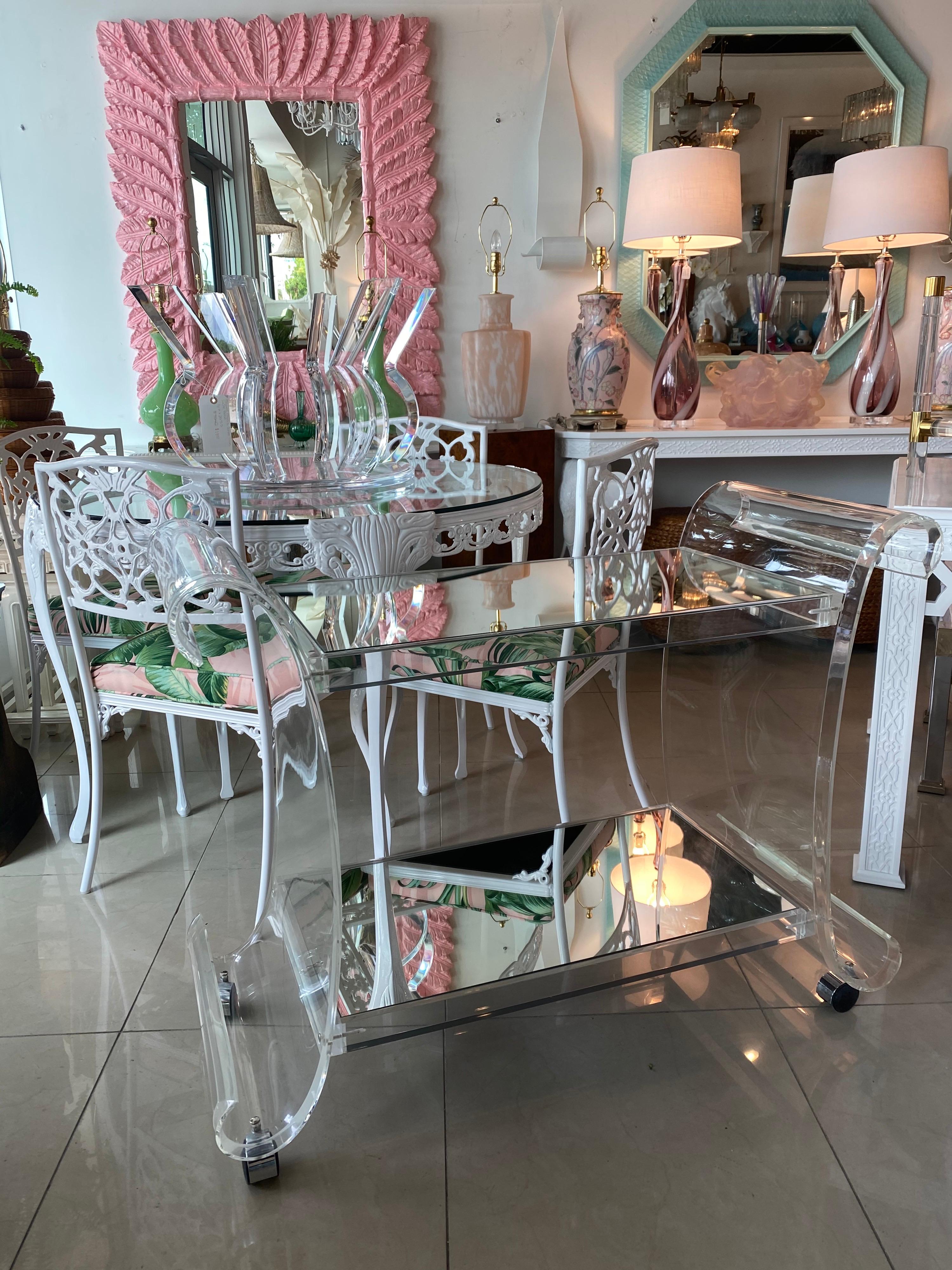 American Vintage Hollywood Regency Scroll Ming Lucite Bar Cart Two Shelves