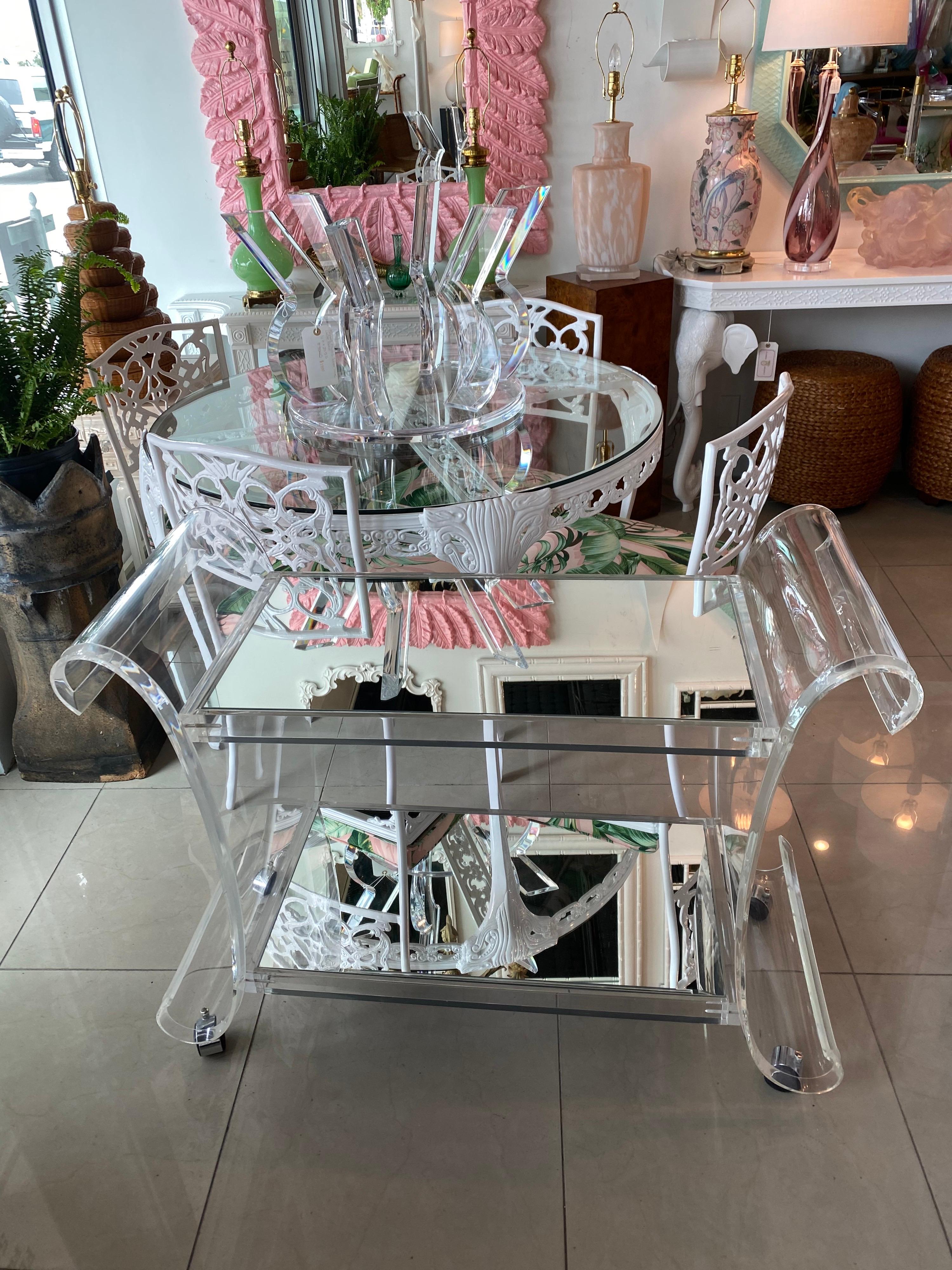 Vintage Hollywood Regency Scroll Ming Lucite Bar Cart Two Shelves In Good Condition In West Palm Beach, FL