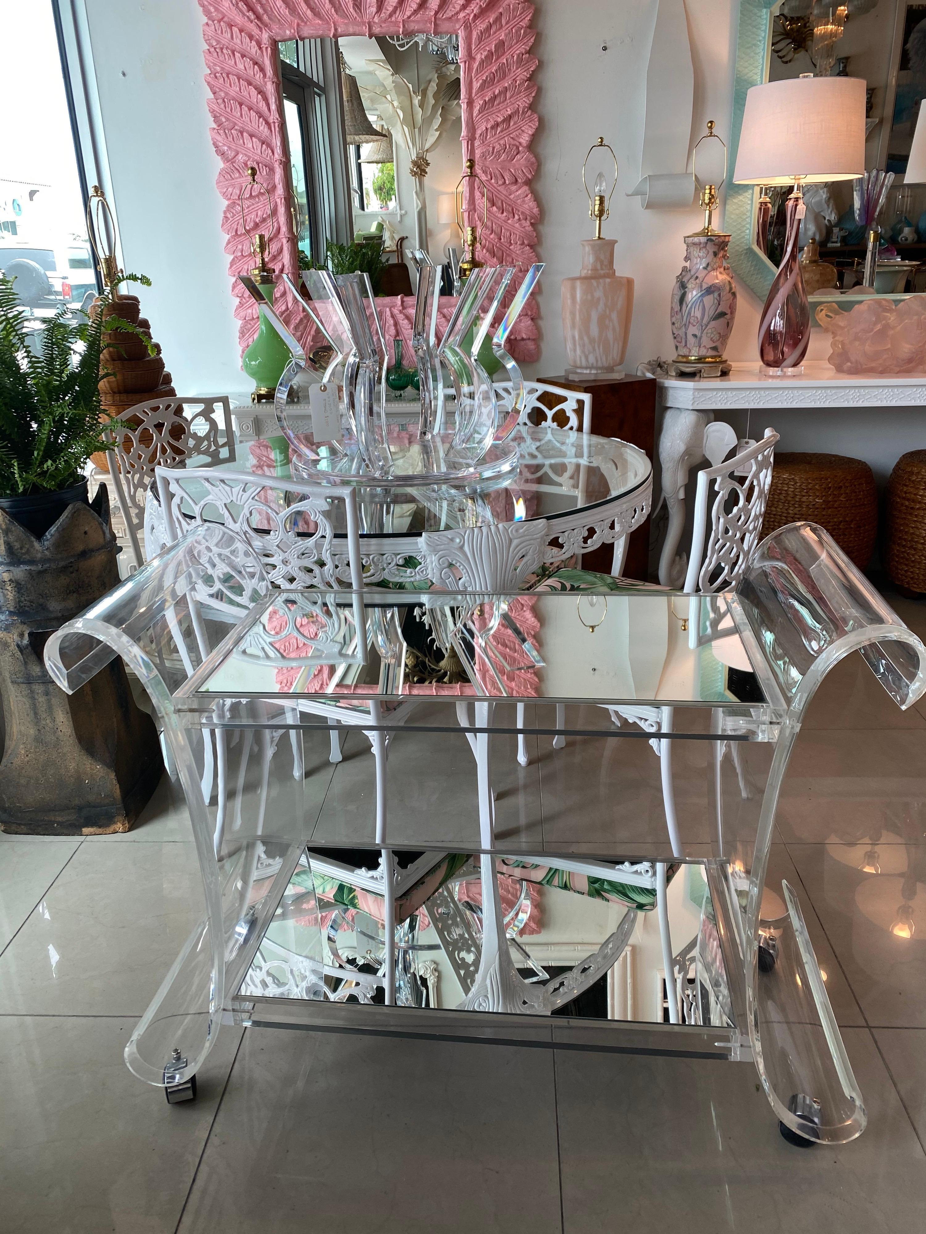 Late 20th Century Vintage Hollywood Regency Scroll Ming Lucite Bar Cart Two Shelves