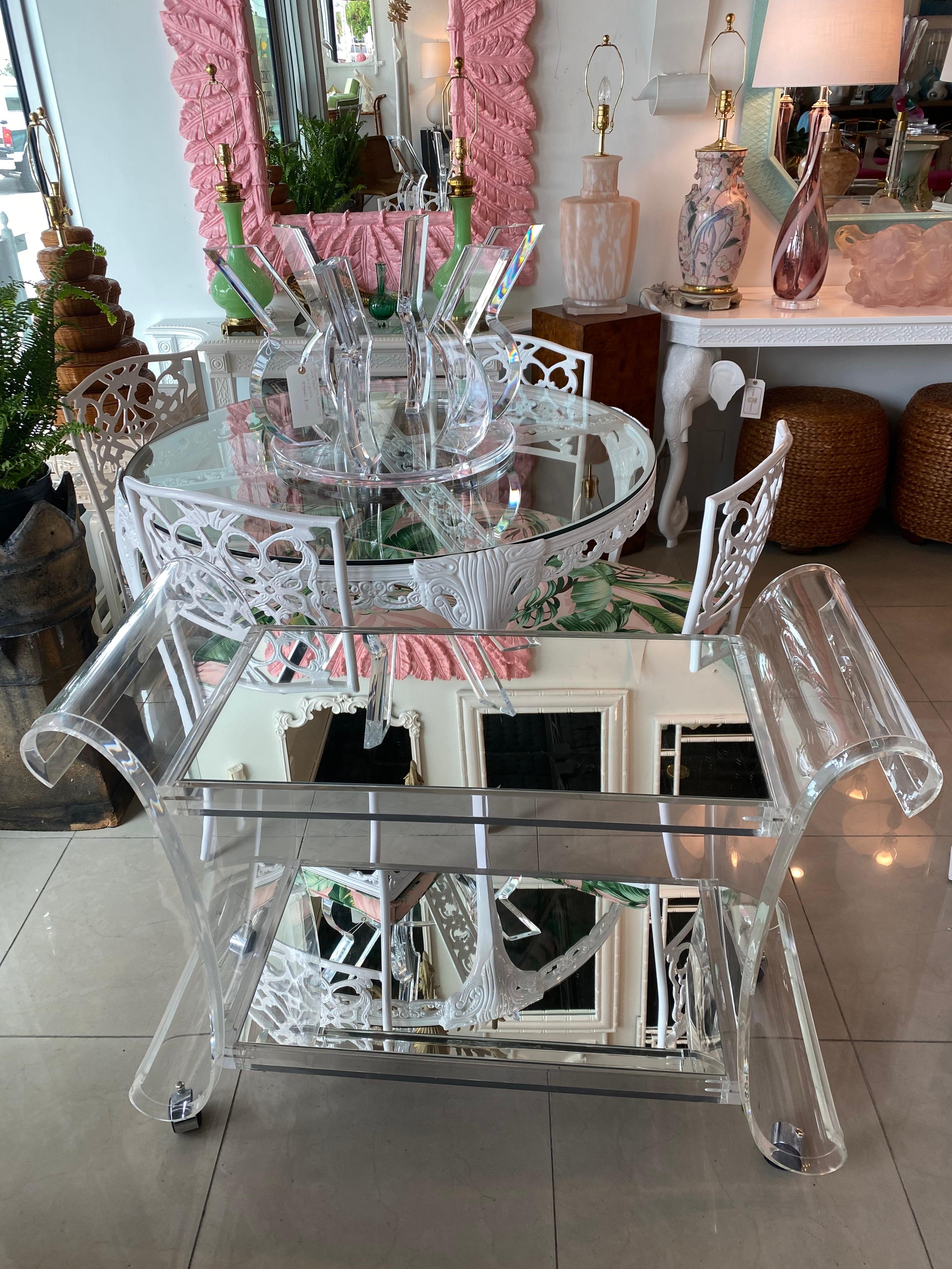 Mirror Vintage Hollywood Regency Scroll Ming Lucite Bar Cart Two Shelves