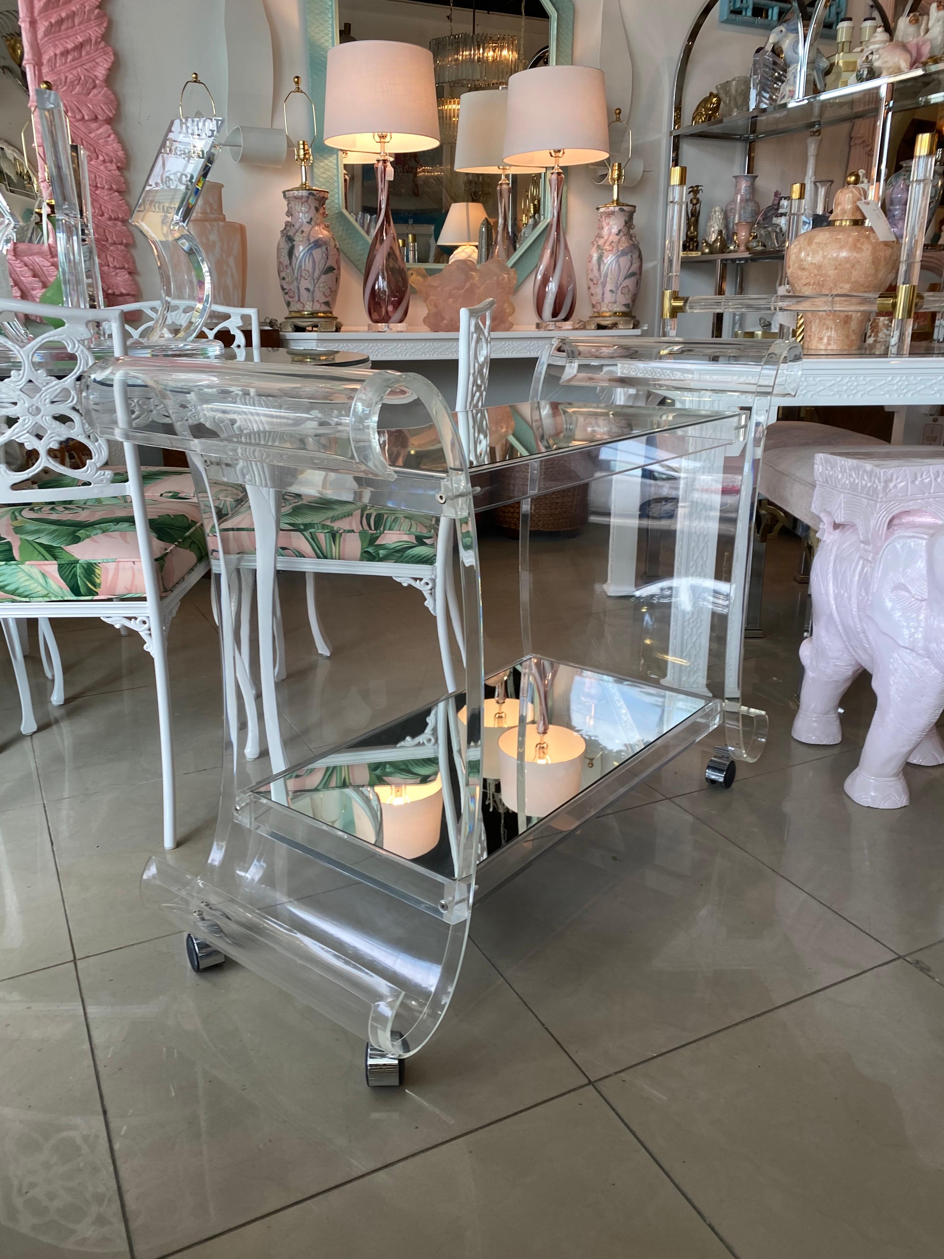 Vintage Hollywood Regency Scroll Ming Lucite Bar Cart Two Shelves 1
