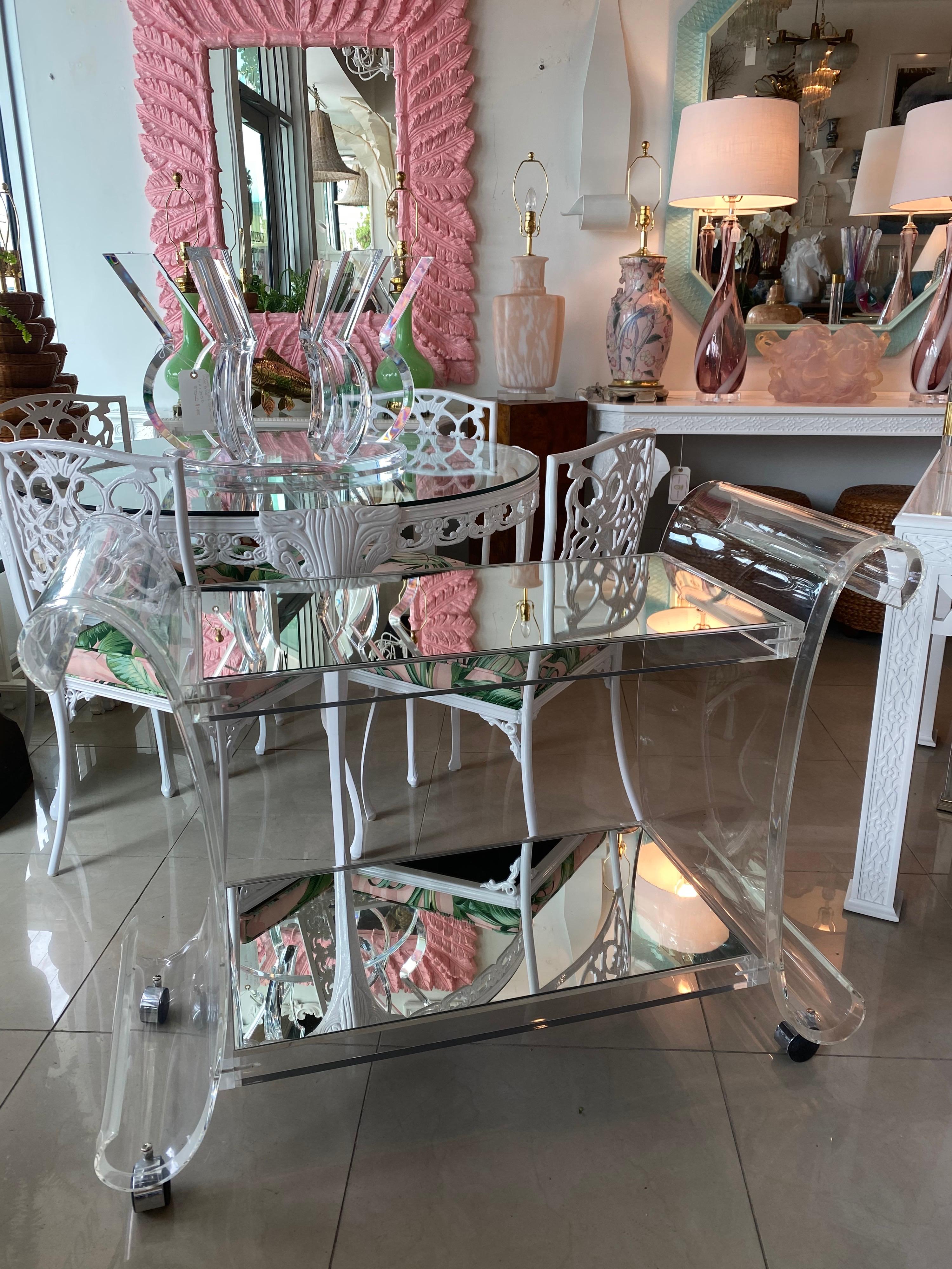 Vintage Hollywood Regency Scroll Ming Lucite Bar Cart Two Shelves 3