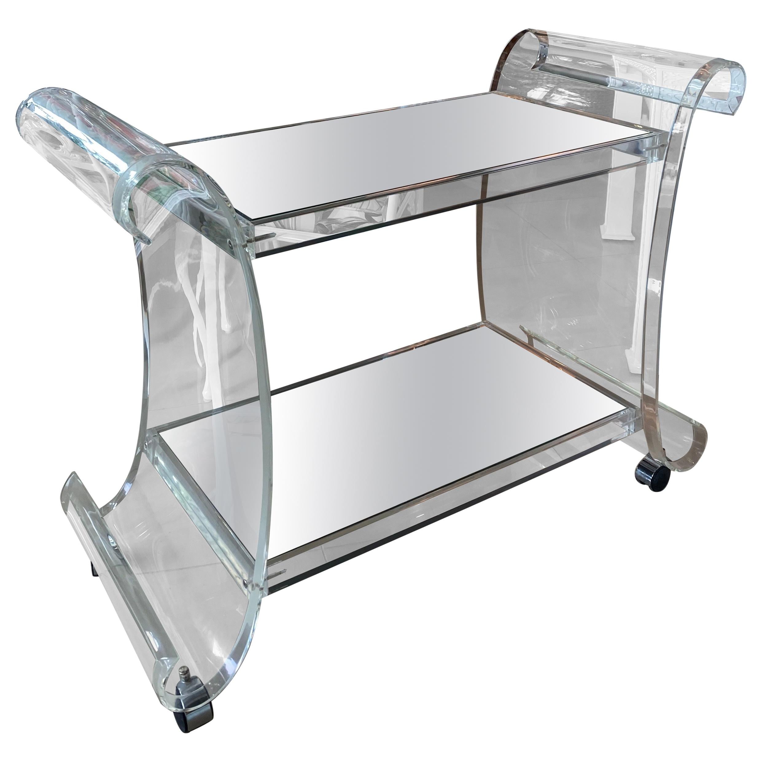 Vintage Hollywood Regency Scroll Ming Lucite Bar Cart Two Shelves